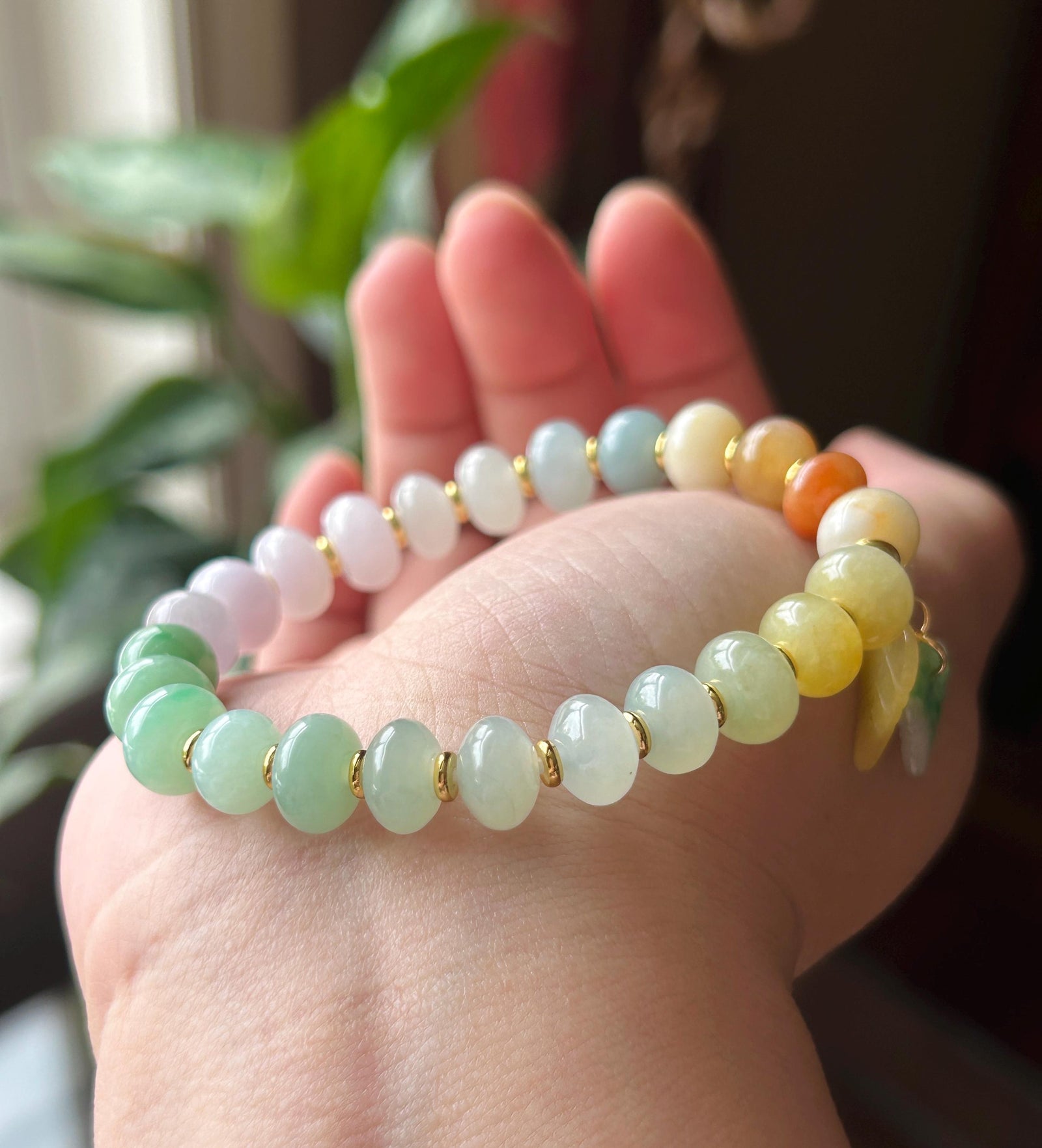 Natural Jadeite Beaded Gradient Bracelet – Burmese Type A Highly Translucent Icy Vibrant Rainbow Multicolor Jade, 9+mm