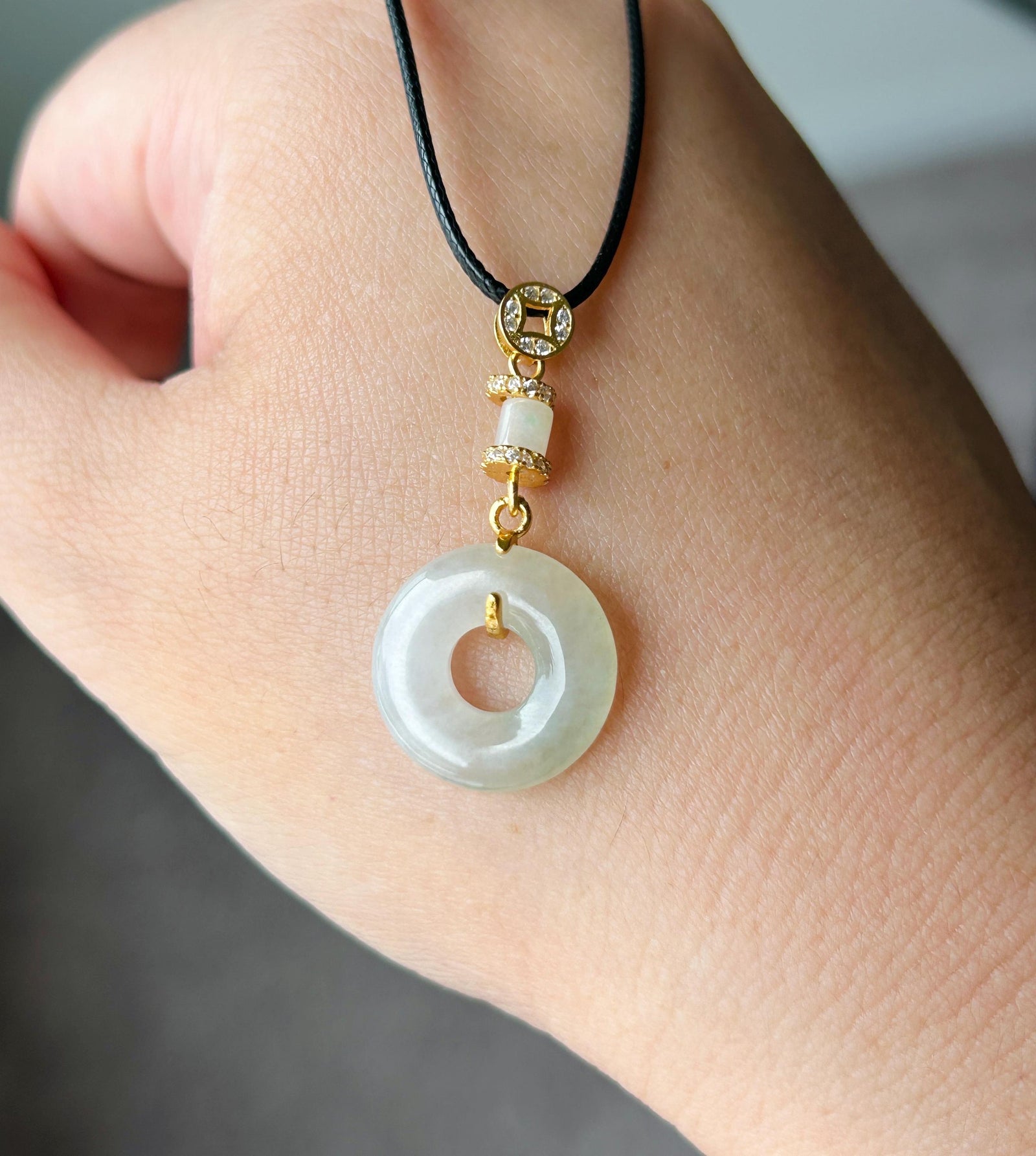 Natural Jadeite Donut Pendant - Burmese Type A Icy Translucent Pale Pear Yellow & White Jade, Sterling Silver
