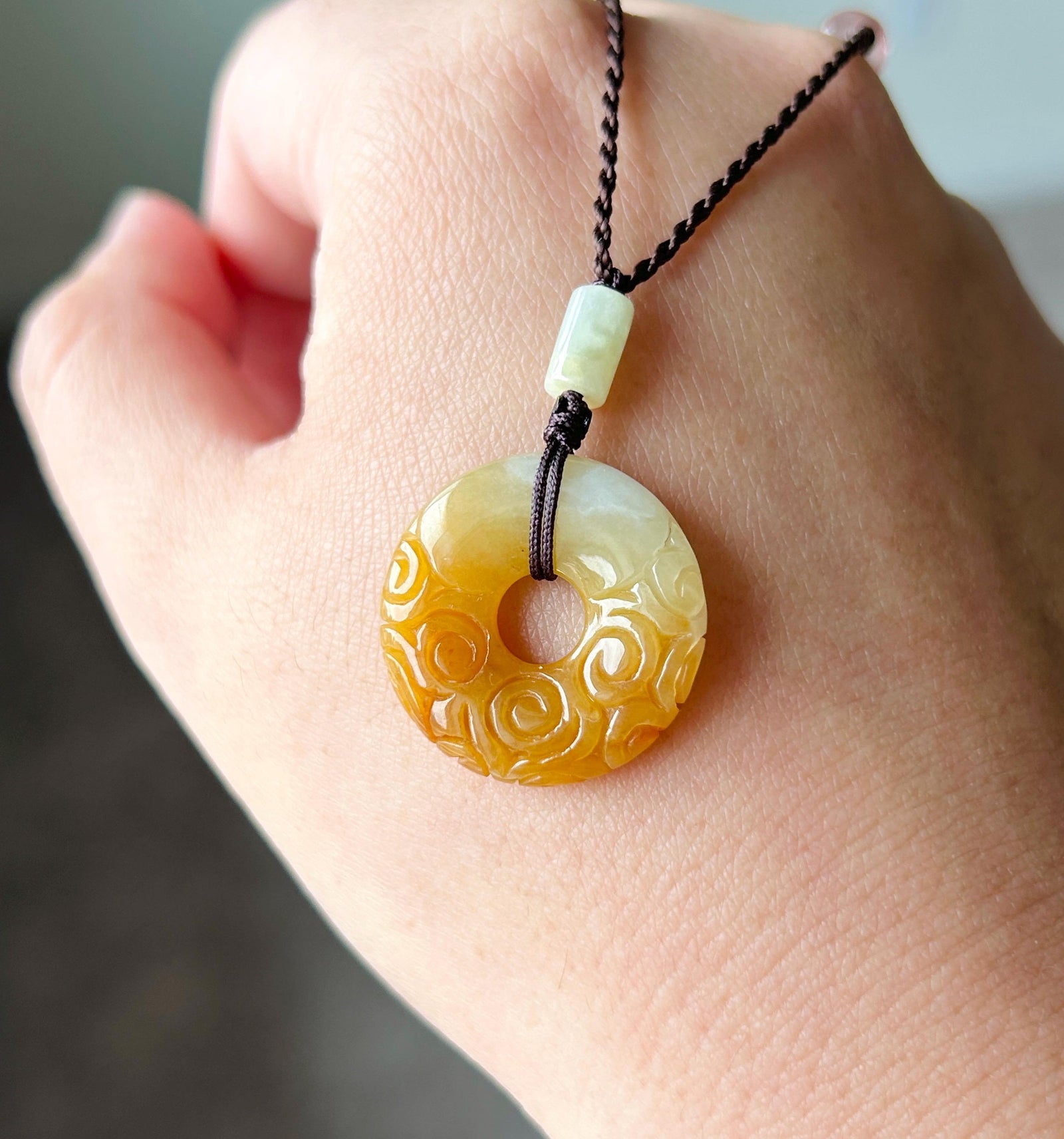 Certified Natural Jadeite Lucky Donut Pendant - Burmese Type A Icy Gelatinous Honey Yellow Jade Handcarved Ruyi Cloud Motif, Adjustable Cord