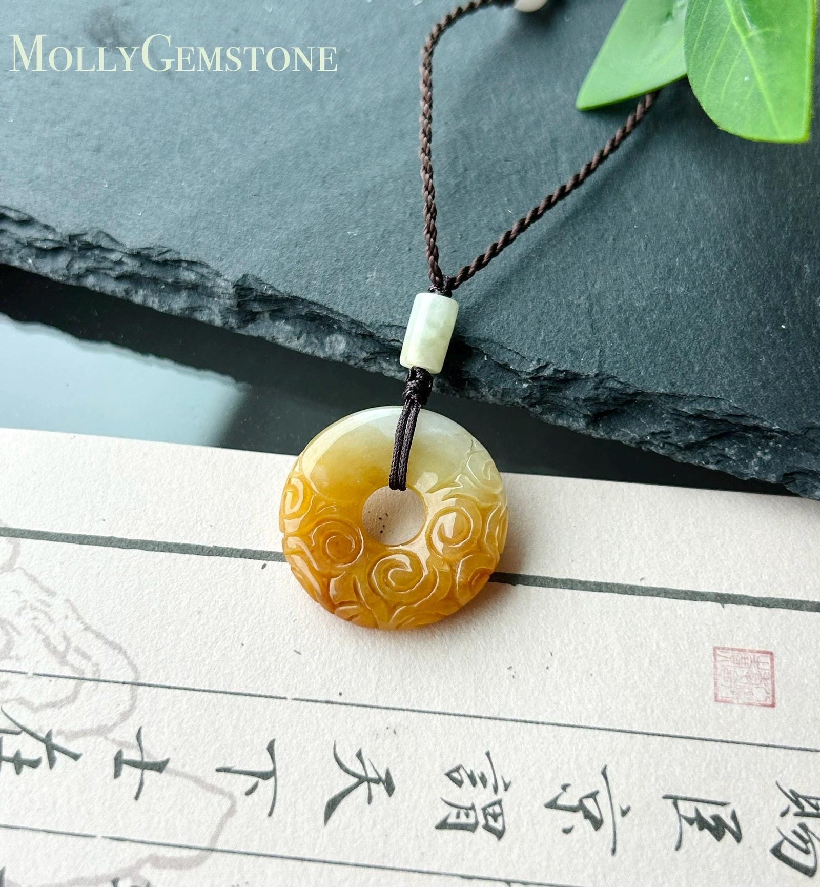 Certified Natural Jadeite Lucky Donut Pendant - Burmese Type A Icy Gelatinous Honey Yellow Jade Handcarved Ruyi Cloud Motif, Adjustable Cord