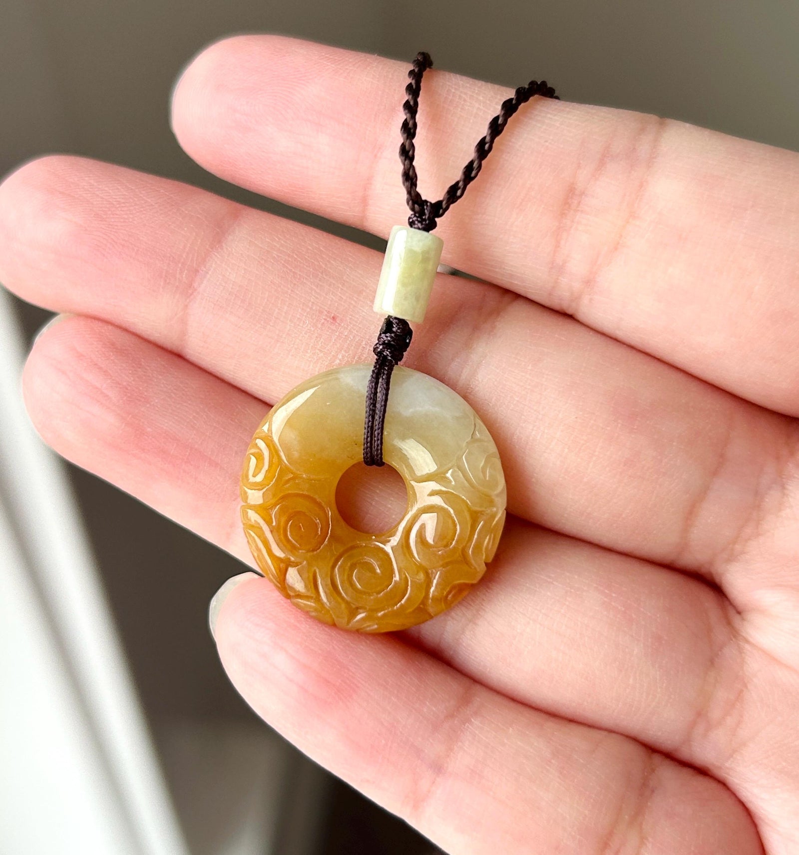 Certified Natural Jadeite Lucky Donut Pendant - Burmese Type A Icy Gelatinous Honey Yellow Jade Handcarved Ruyi Cloud Motif, Adjustable Cord