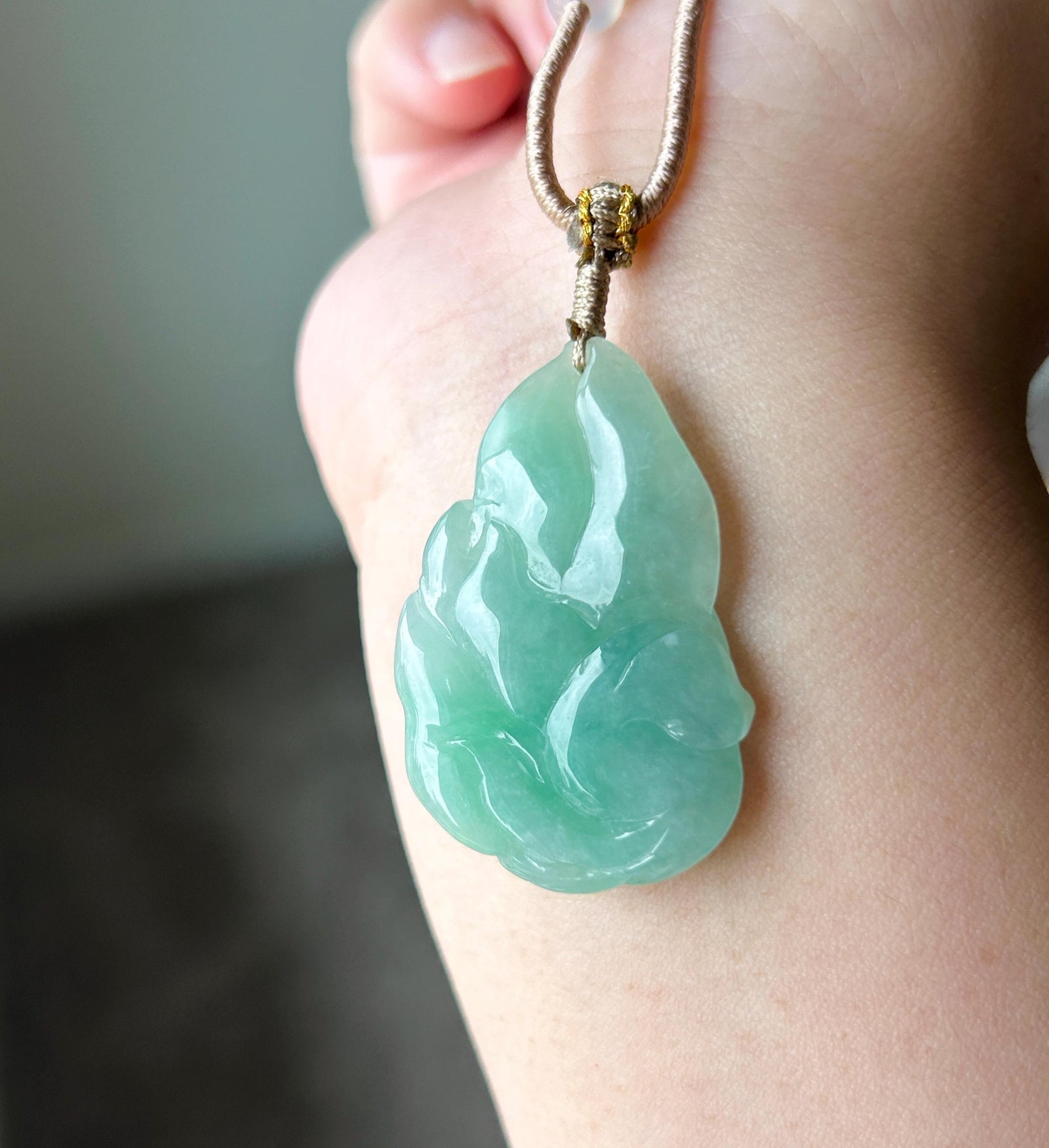 Certified Natural Jadeite Nine-Tail-Fox Pendant - Burmese Type A Untreated Icy Translucent Apple Green Jade Handwoven Adjustable Cord