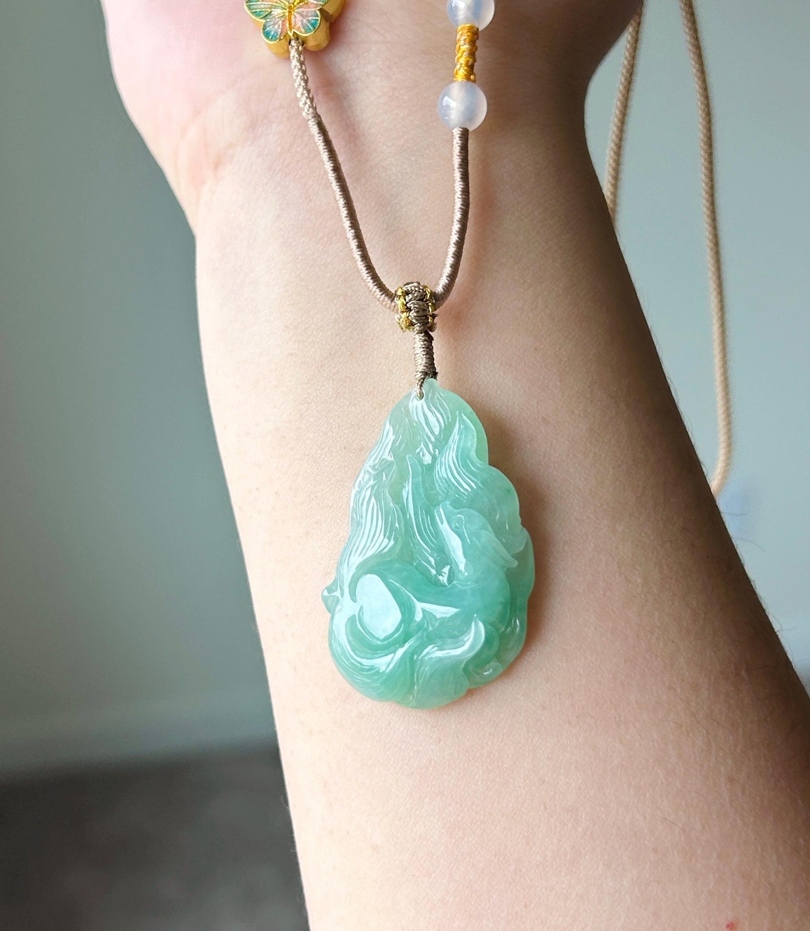 Certified Natural Jadeite Nine-Tail-Fox Pendant - Burmese Type A Untreated Icy Translucent Apple Green Jade Handwoven Adjustable Cord