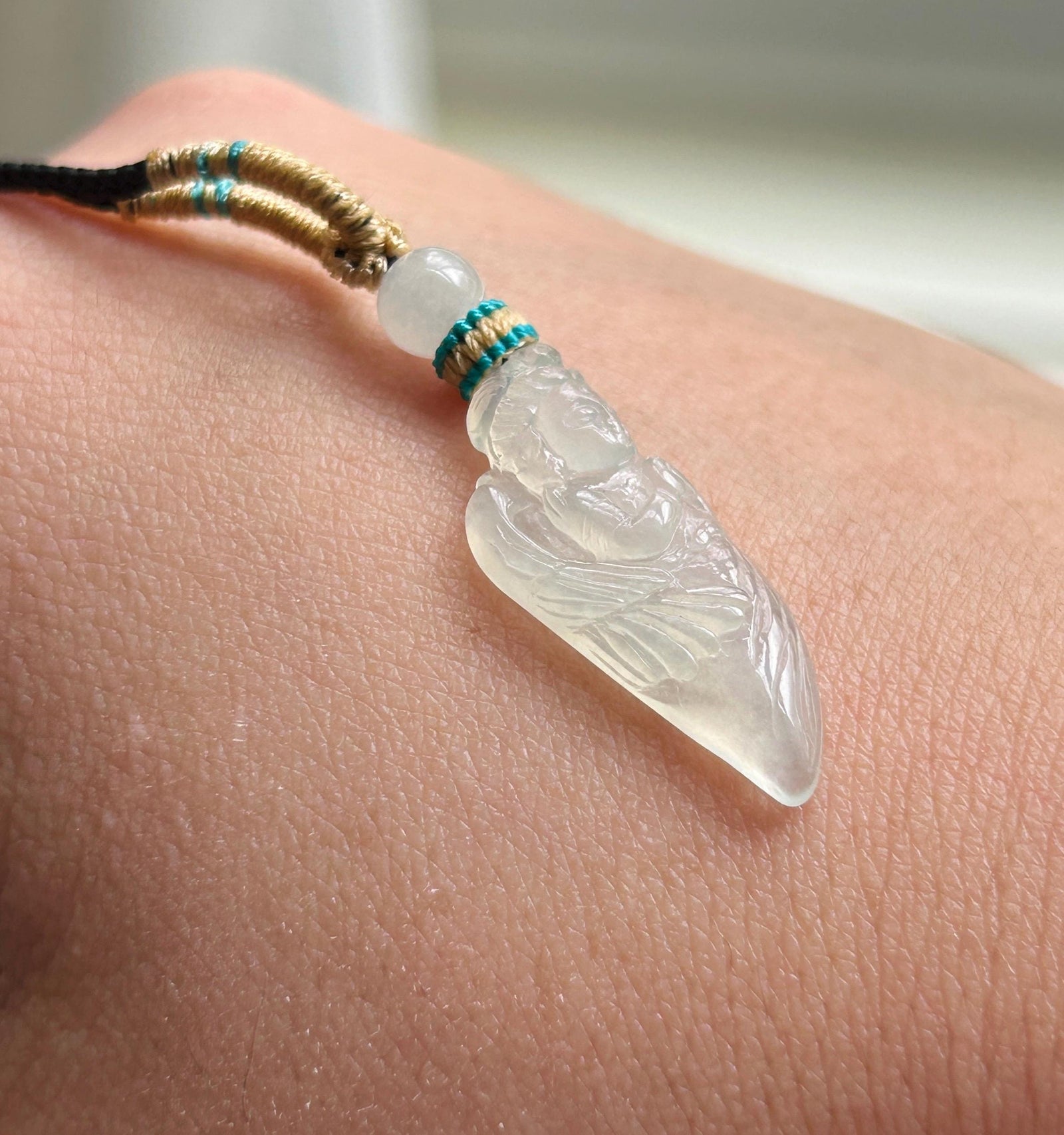 Jadeite Jade Pendant Handwoven Necklace Jewelry Gift Natural Burmese Untreated Type A Icy High Translucent White Dainty Jade Angel
