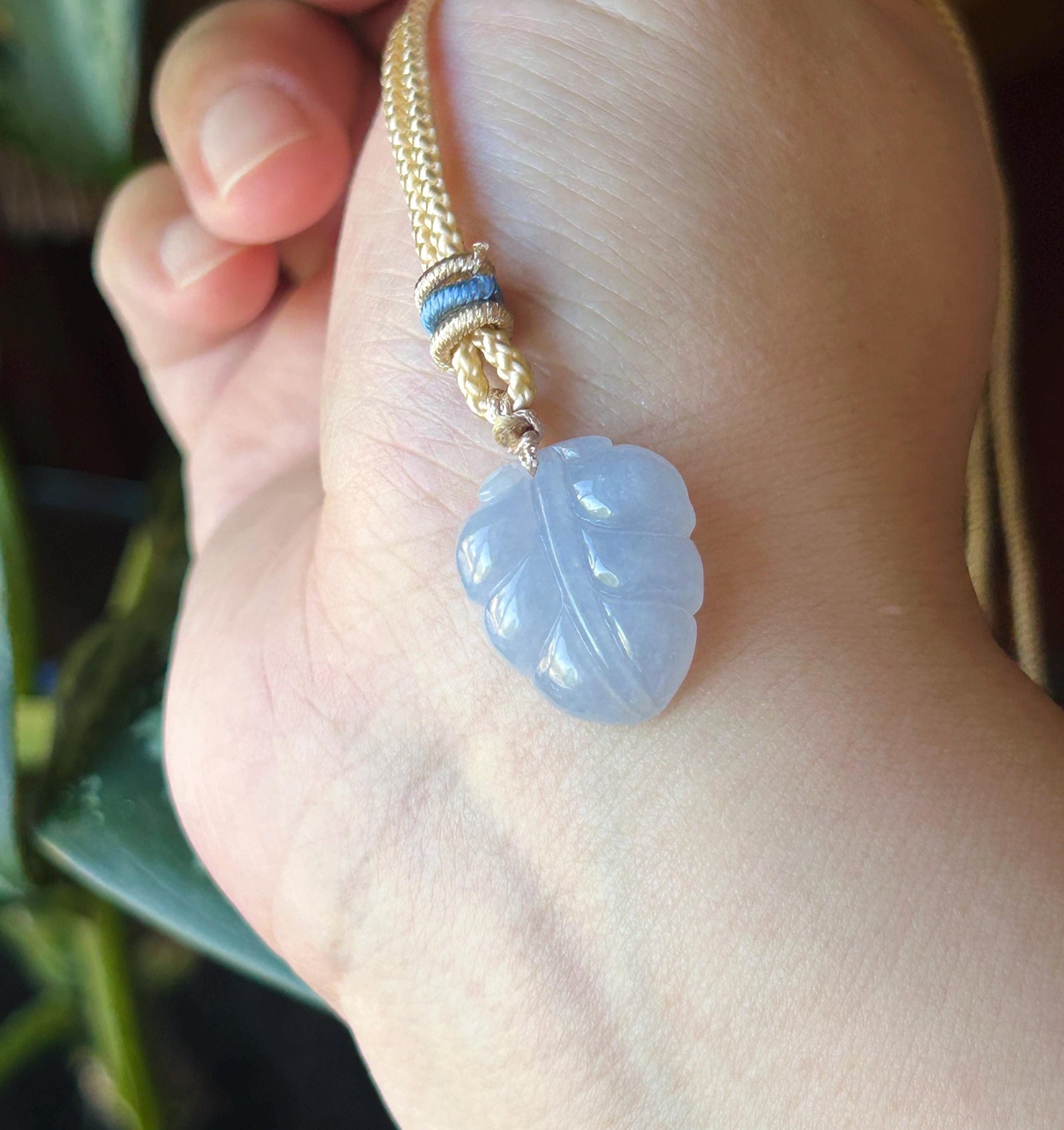 Certified Natural Jadeite Leaf Pendant Minimalist Jewelry Burmese Type A Highly Translucent Icy Lavender Purple Jade, Handwoven Cord