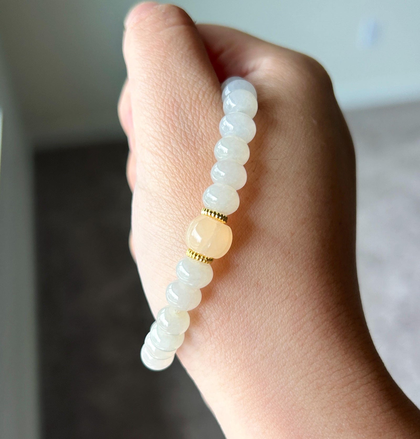 Certified Natural Jadeite Beaded Bracelet, Burmese Type A Translucent Icy Light Yellow Jade, Golden Silk Jade Focal Bead, 7.7mm