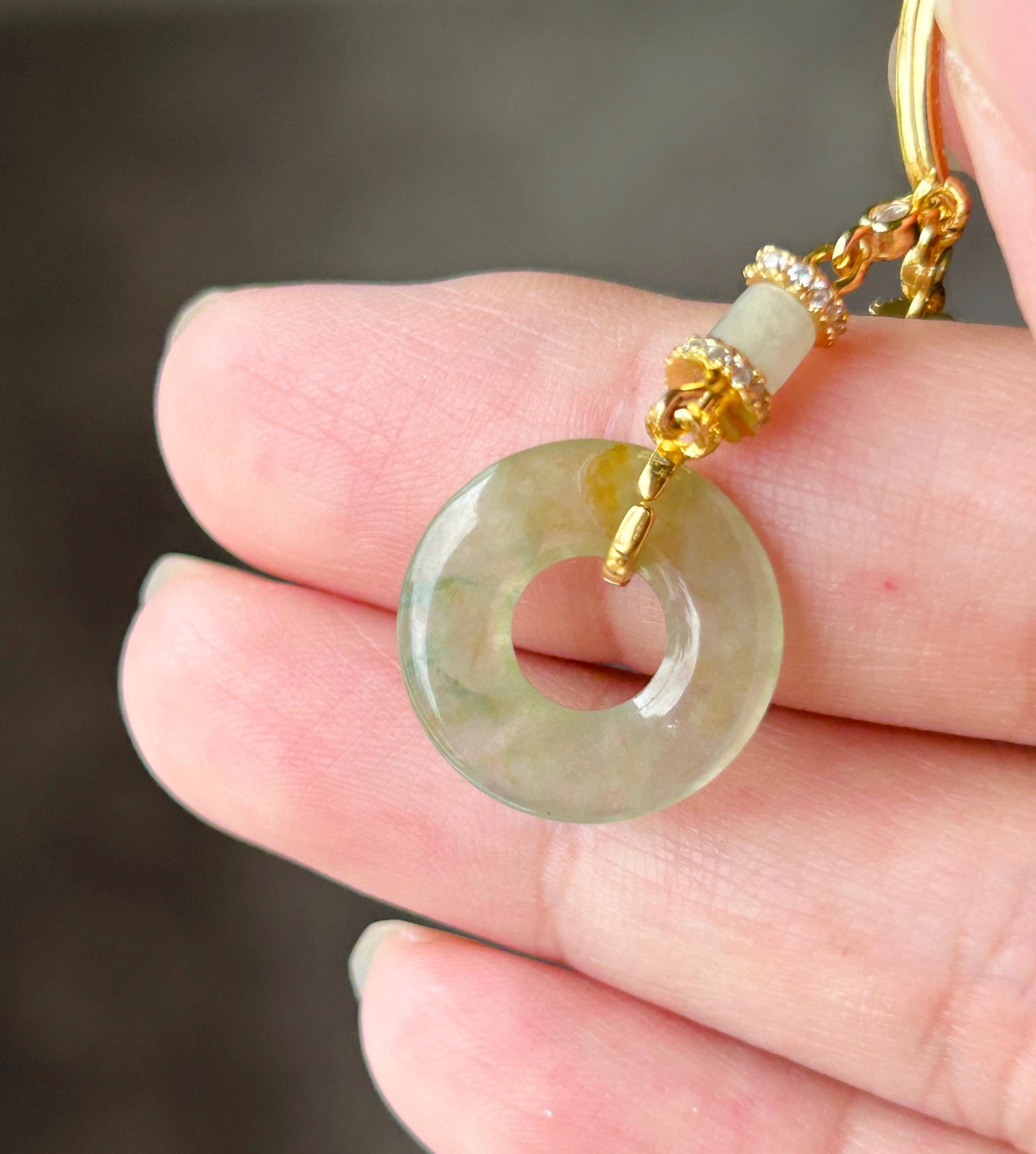Natural Jadeite Lucky Donut Earrings, Burmese Type A Icy Translucent Green Tea Yellow with Green & Yellow Floral, Sterling Silver