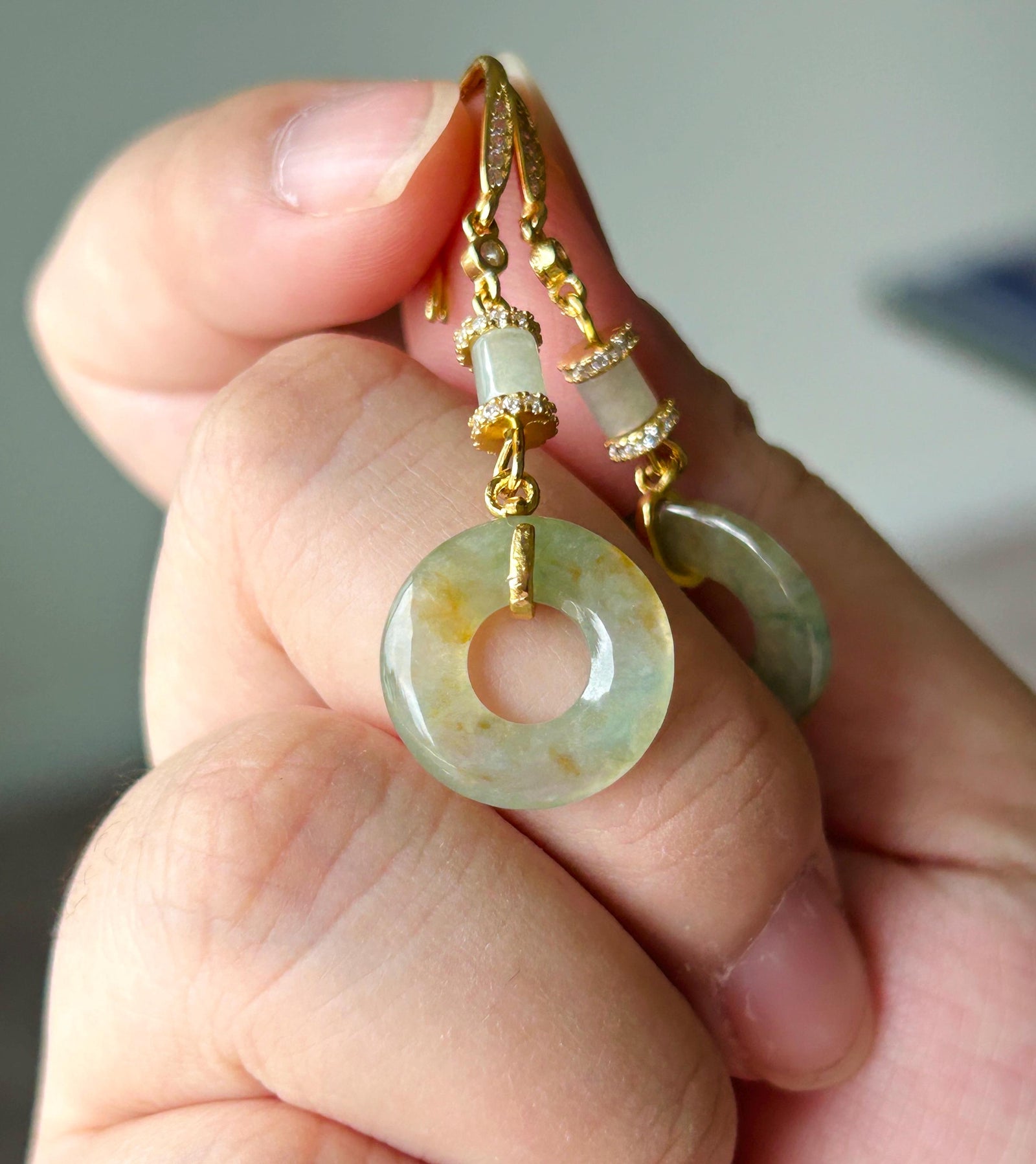 Natural Jadeite Lucky Donut Earrings, Burmese Type A Icy Translucent Green Tea Yellow with Green & Yellow Floral, Sterling Silver
