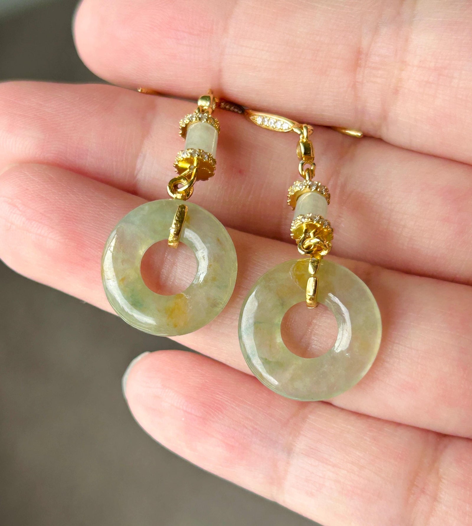 Natural Jadeite Lucky Donut Earrings, Burmese Type A Icy Translucent Green Tea Yellow with Green & Yellow Floral, Sterling Silver