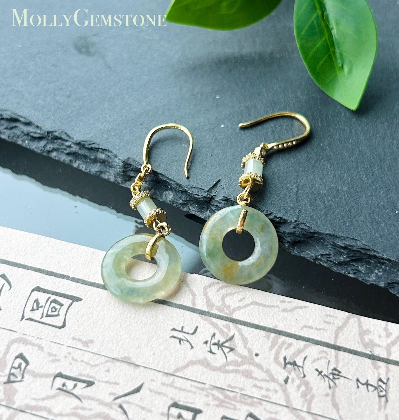 Natural Jadeite Lucky Donut Earrings, Burmese Type A Icy Translucent Green Tea Yellow with Green & Yellow Floral, Sterling Silver