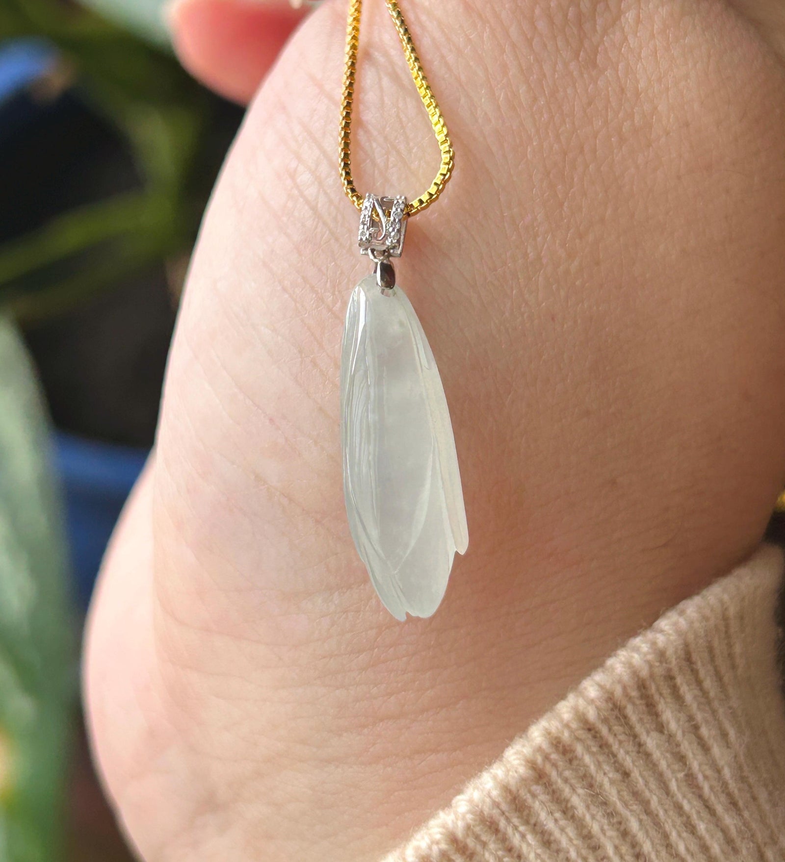 Natural Jadeite Magnolia Flower Pendant - Burmese Type A Untreated Highly Translucent Icy White Jade, 18k Solid Gold Bail