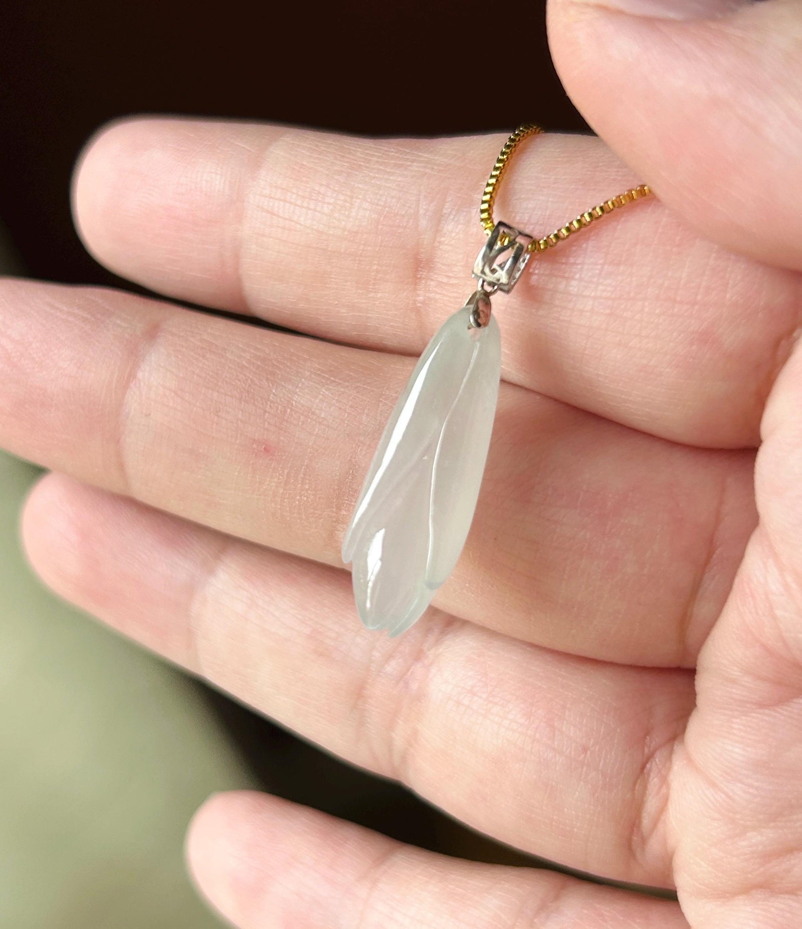 Natural Jadeite Magnolia Flower Pendant - Burmese Type A Untreated Highly Translucent Icy White Jade, 18k Solid Gold Bail
