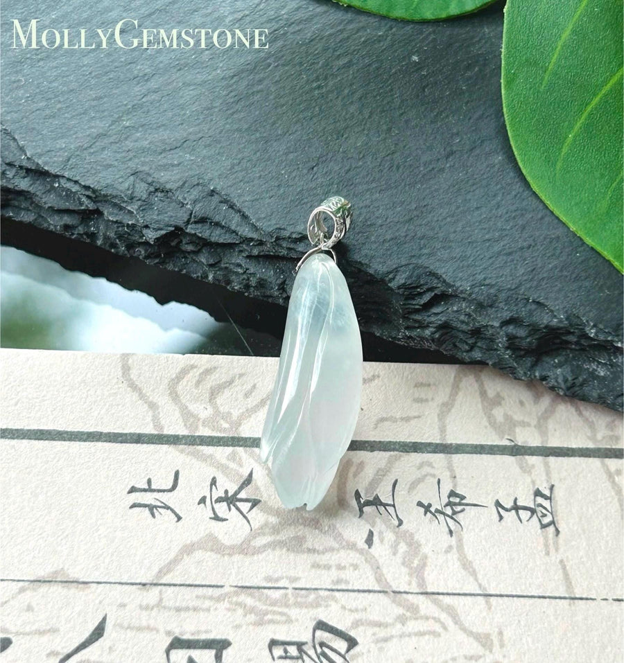 Natural Jadeite Magnolia Flower Pendant - Burmese Type A Untreated Highly Translucent Icy White Jade, 18k Solid Gold Bail