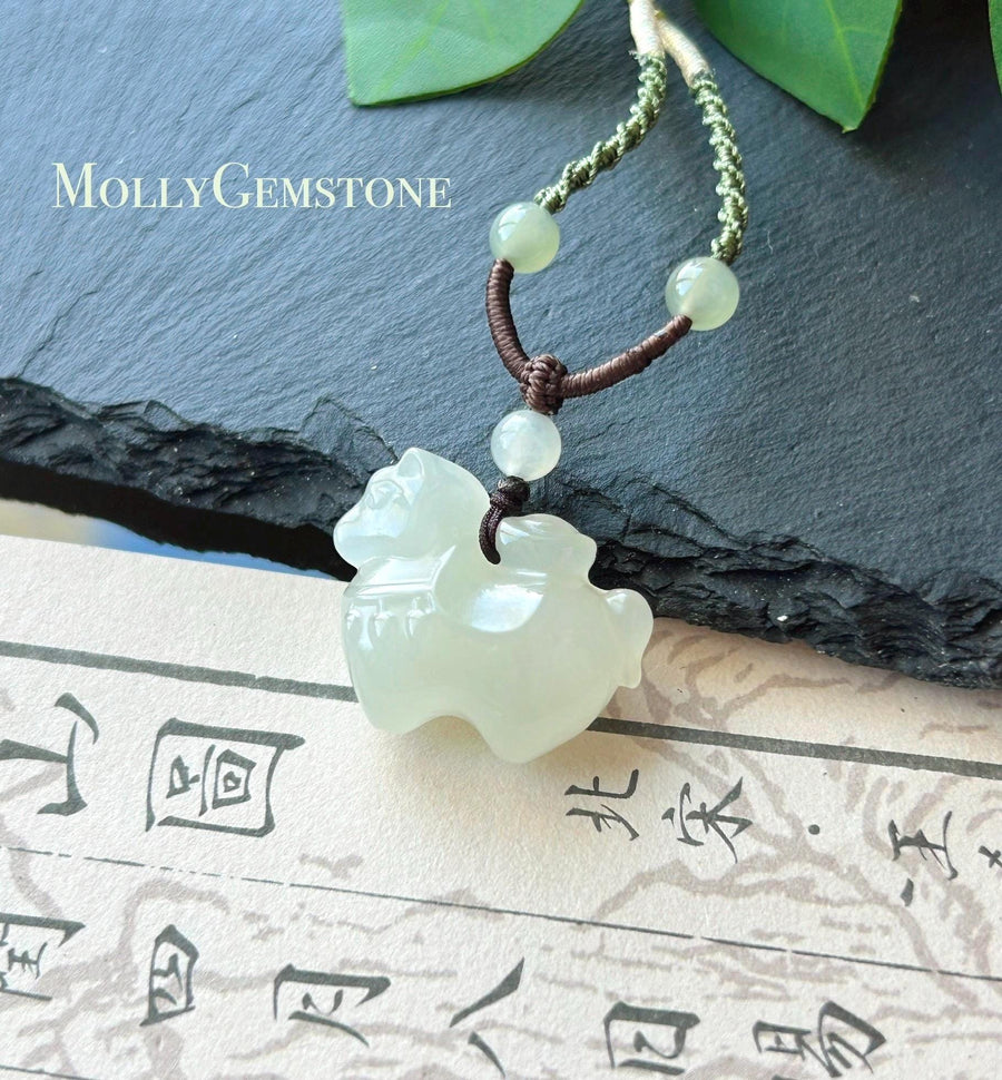 Natural Nephrite Jade Cute Horse with Ingot Pendant Handwoven Necklace| Protection Amulet | Year of Horse Gift