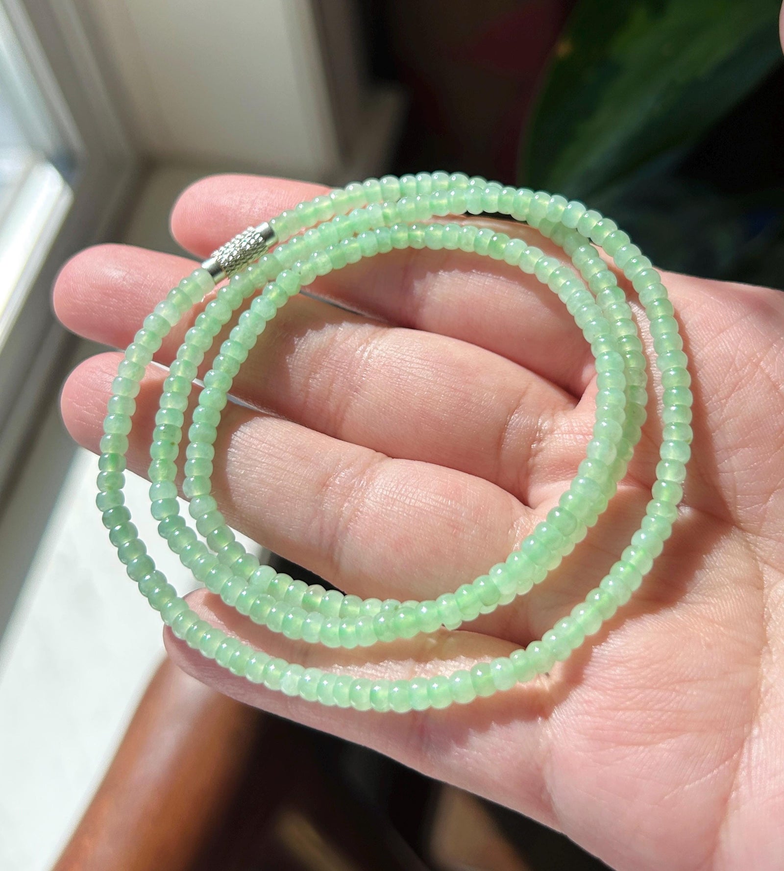 Natural Jade Beaded Necklace/Stacked Bracelet Jewelry Mother’s Day Gift Burmese Type A Icy Translucent Apple Green Jadeite 3.7mm