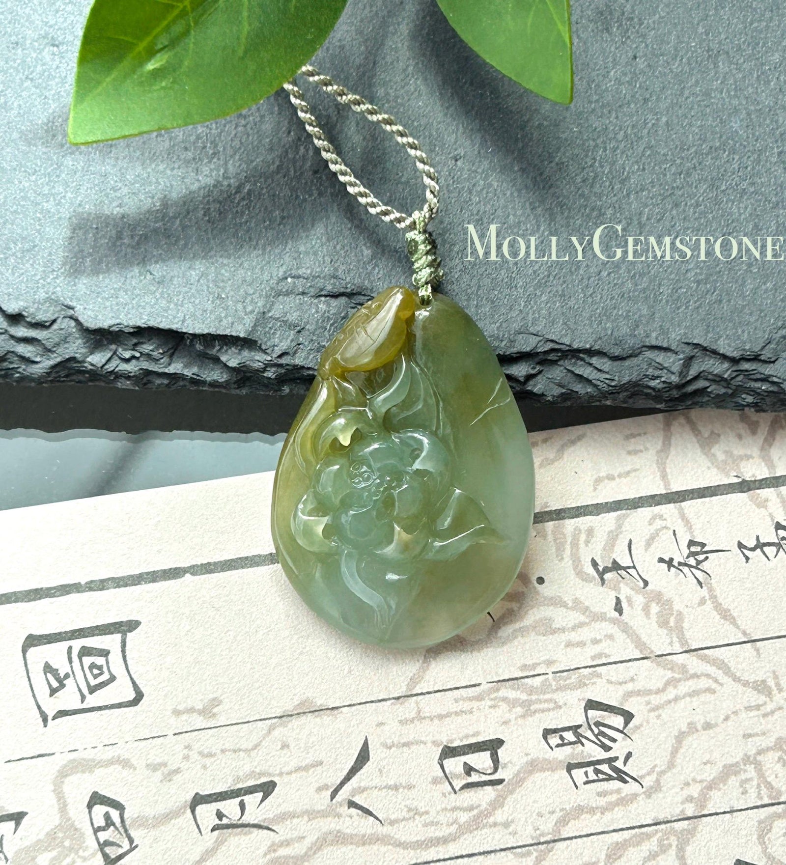 Natural Jadeite Lotus Pendant Burmese Type A Translucent Icy Glutinous Green-Tea-Yellow Jade, Handwoven Adjustable Cord