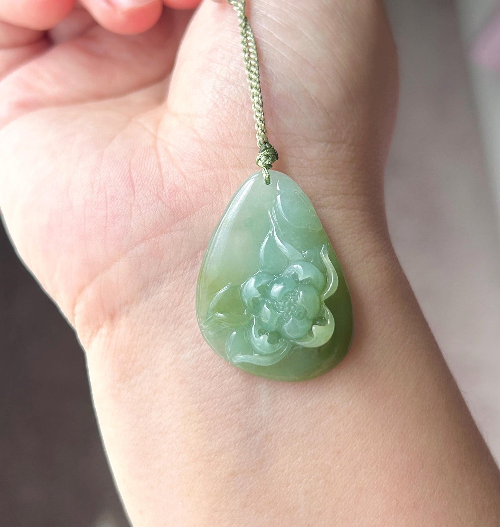 Natural Jadeite Lotus Pendant Burmese Type A Translucent Icy Glutinous Green-Tea-Yellow Jade, Handwoven Adjustable Cord