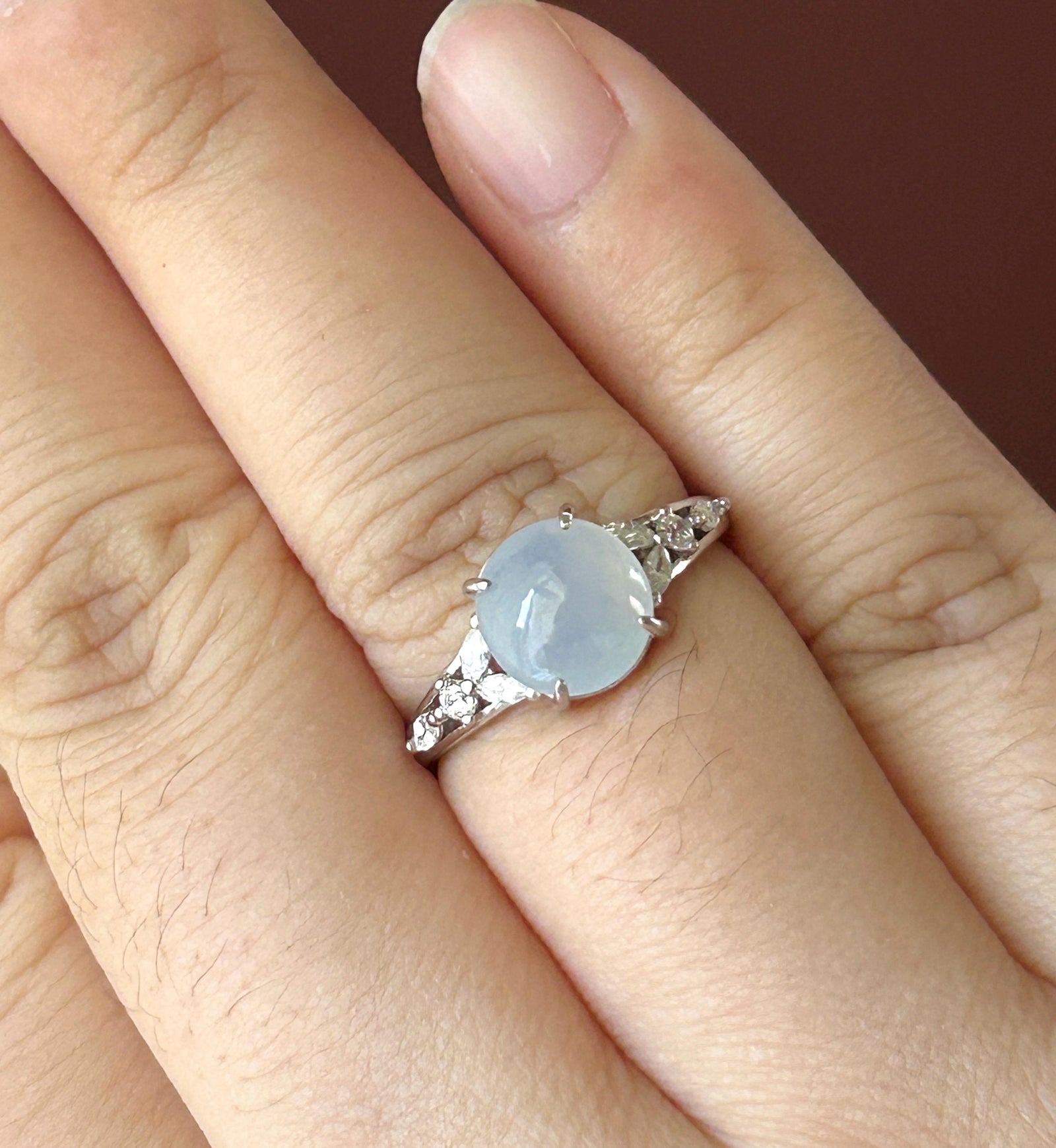 Natural Jadeite Cabochon Ring Burmese Type A fine glutinous Light Blue Jade | Sterling Silver| Adjustable Size