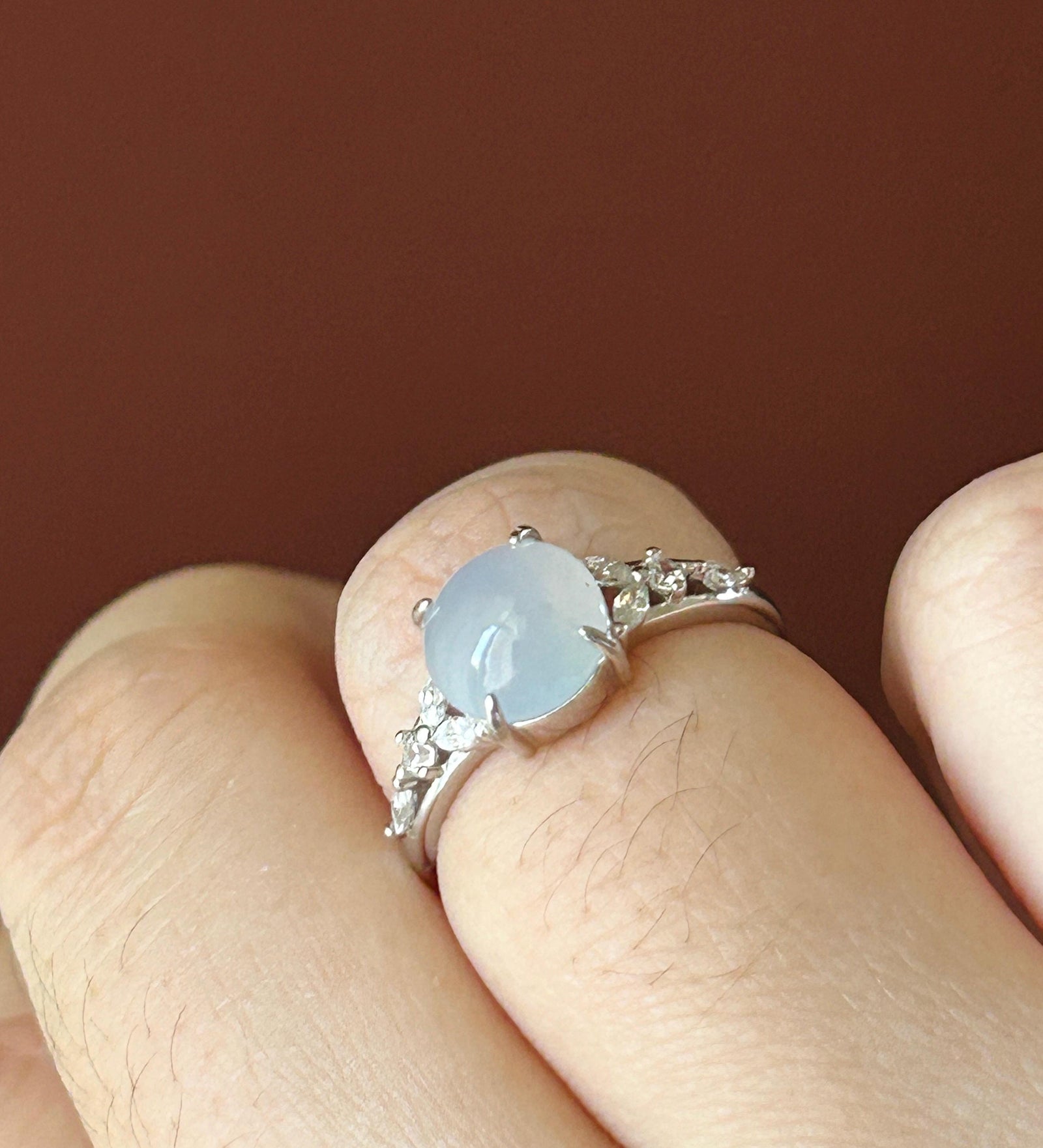 Natural Jadeite Cabochon Ring Burmese Type A fine glutinous Light Blue Jade | Sterling Silver| Adjustable Size