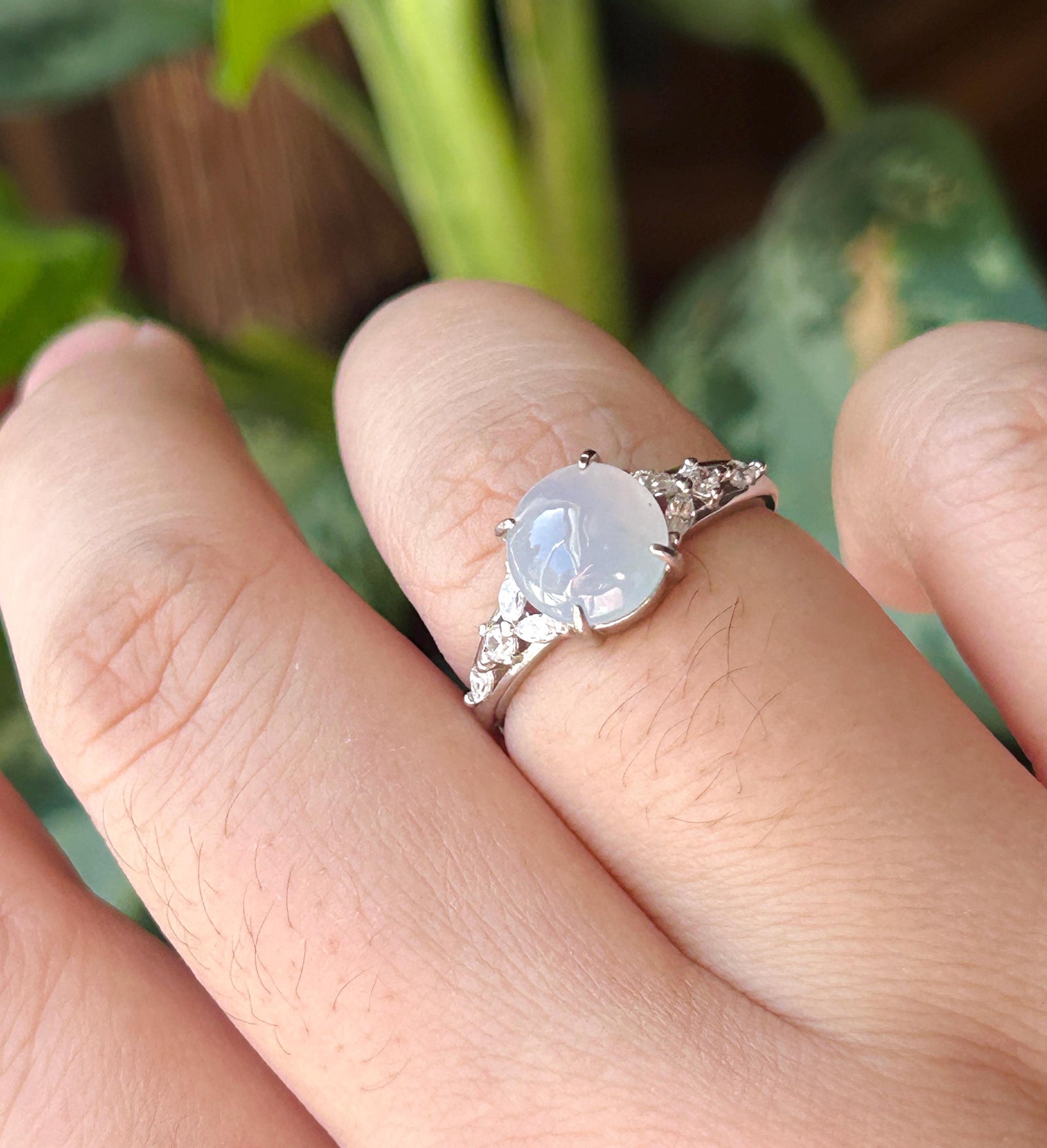 Natural Jadeite Cabochon Ring Burmese Type A fine glutinous Light Blue Jade | Sterling Silver| Adjustable Size