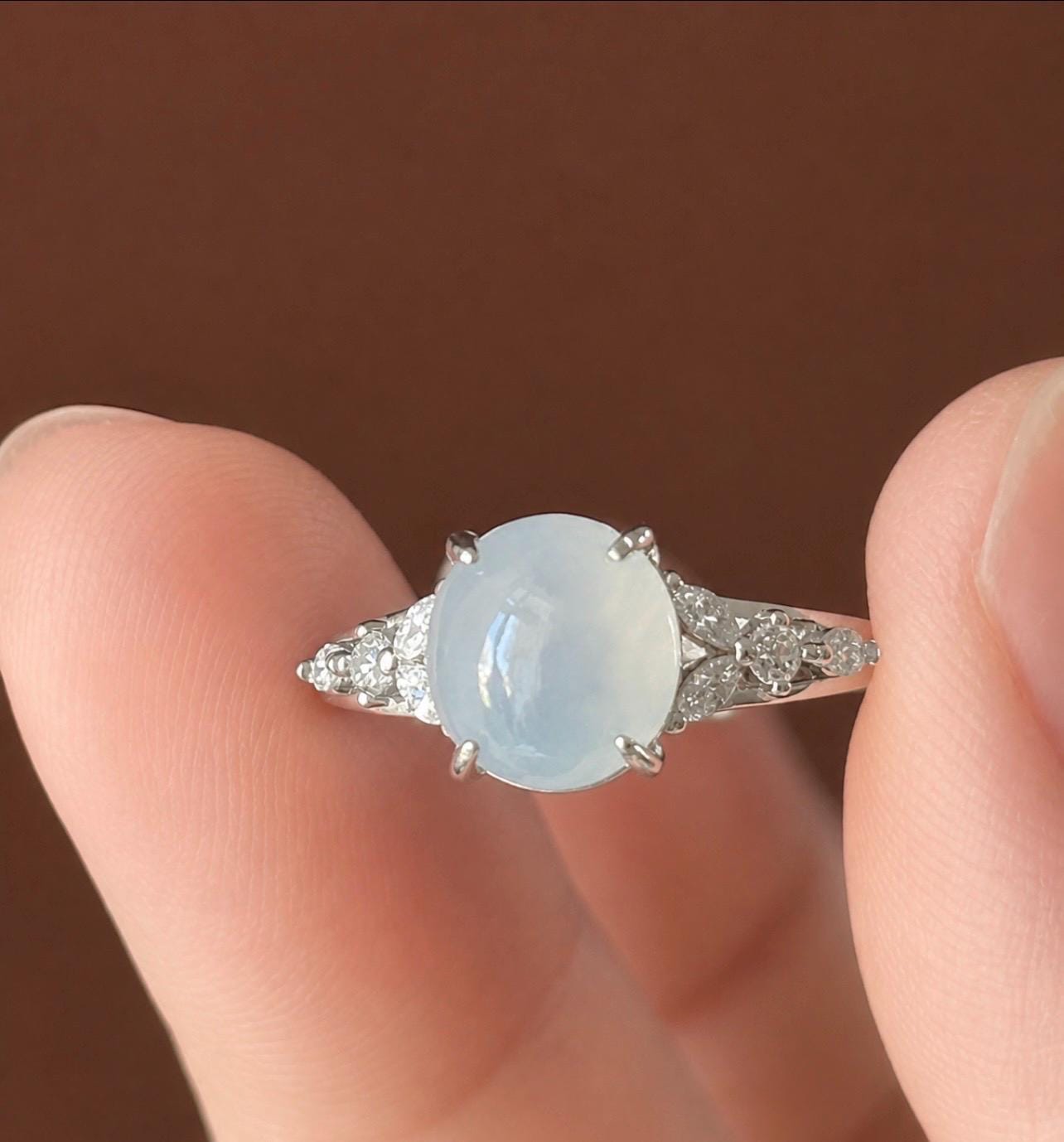 Natural Jadeite Cabochon Ring Burmese Type A fine glutinous Light Blue Jade | Sterling Silver| Adjustable Size
