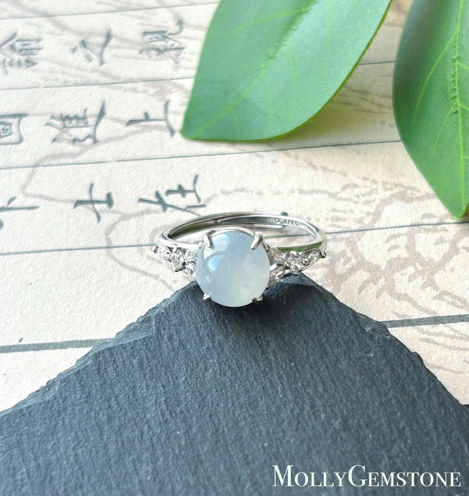 Natural Jadeite Cabochon Ring Burmese Type A fine glutinous Light Blue Jade | Sterling Silver| Adjustable Size