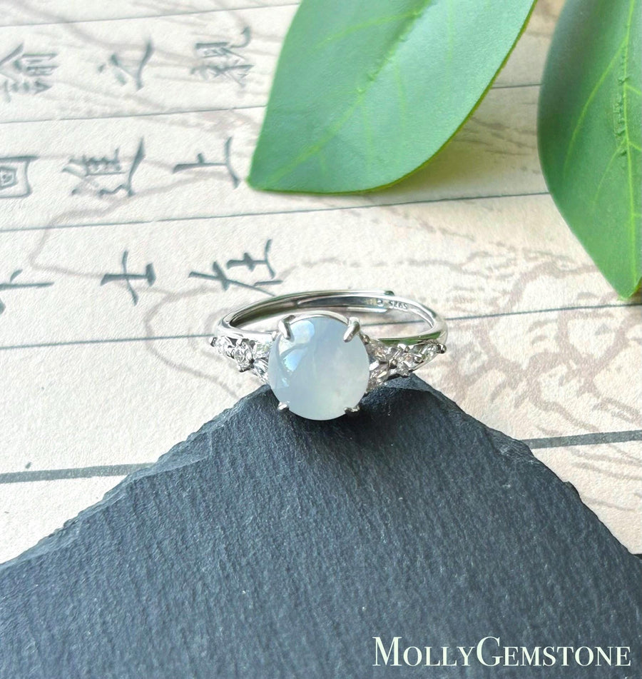 Natural Jadeite Cabochon Ring Burmese Type A fine glutinous Light Blue Jade | Sterling Silver| Adjustable Size