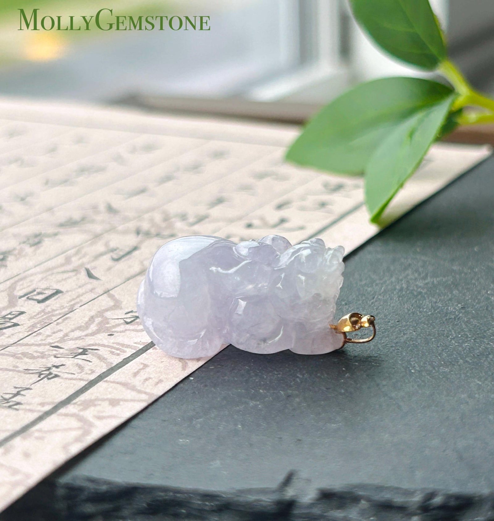 Certified Natural Jadeite Pixiu Pendant | Burmese Type A Translucent Icy Pinkish Lavender Jade | 18K Gold Bail