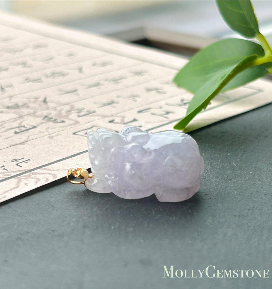 Certified Natural Jadeite Pixiu Pendant | Burmese Type A Translucent Icy Pinkish Lavender Jade | 18K Gold Bail