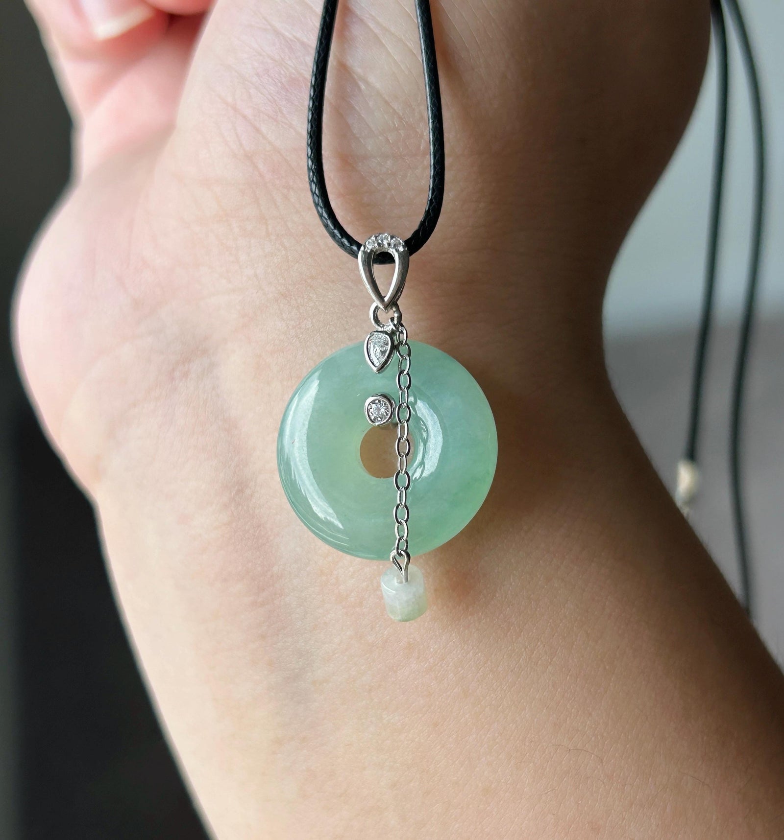 Natural Jadeite Donut Pendant - Type A Burmese Jade in Icy Apple Green, Sterling Silver Designer Setting