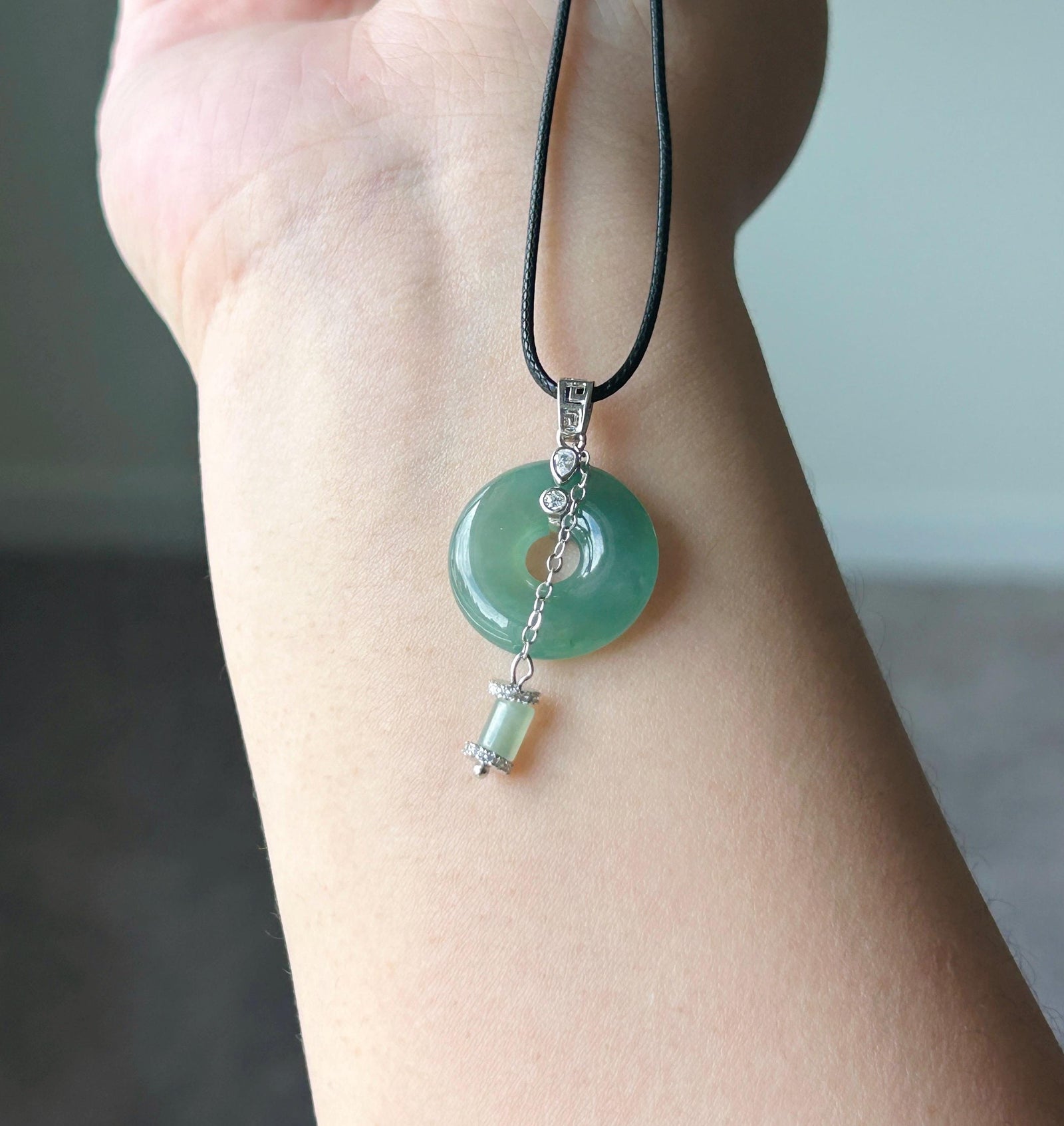 Natural Jadeite Donut Pendant - Type A Burmese Jade in Icy Dark Green, Old Blue Lake Water Tone, Sterling Silver Designer Setting
