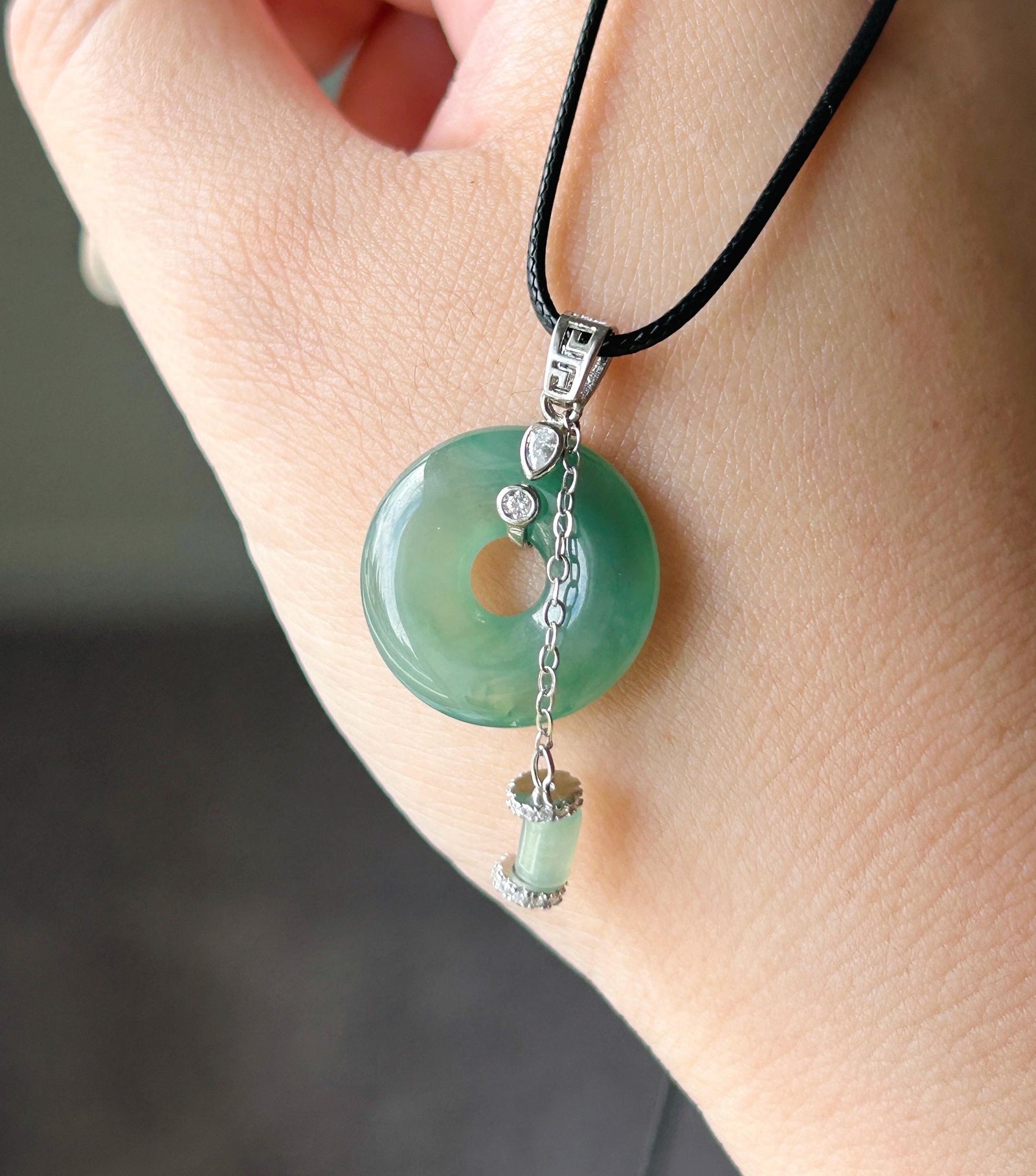 Natural Jadeite Donut Pendant - Type A Burmese Jade in Icy Dark Green, Old Blue Lake Water Tone, Sterling Silver Designer Setting