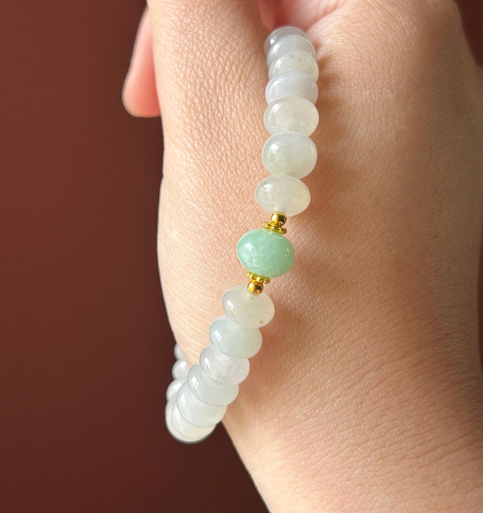 Natural Jadeite Beaded Bracelet – Burmese Type A Highly Translucent Icy White & Green Jade, 9mm
