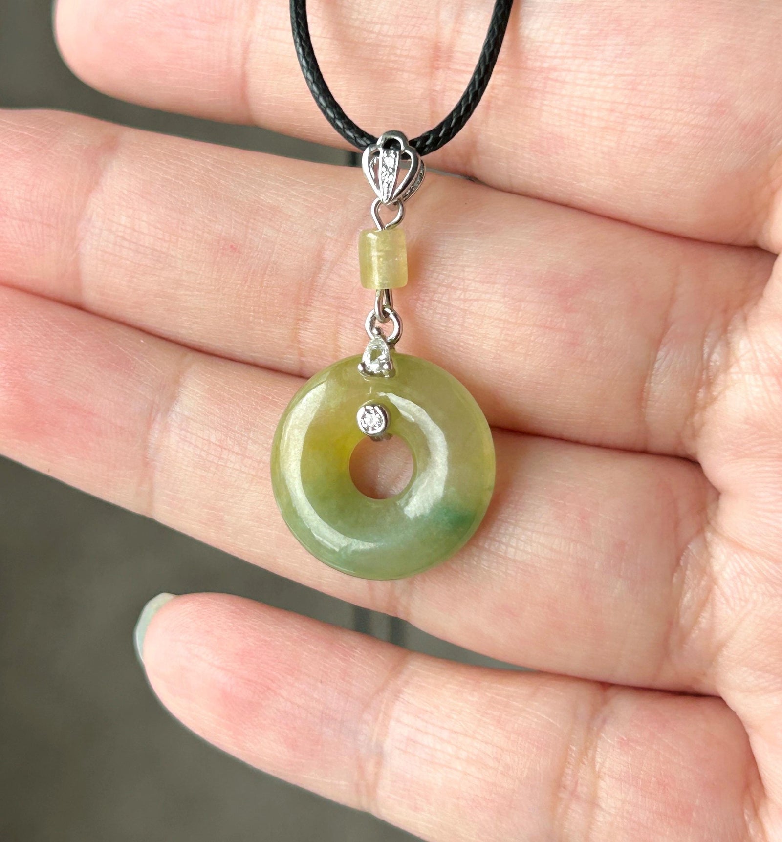 Natural Jadeite Donut Pendant - Type A Burmese Jade in Tea Yellow & Green Tone, Sterling Silver Designer Setting