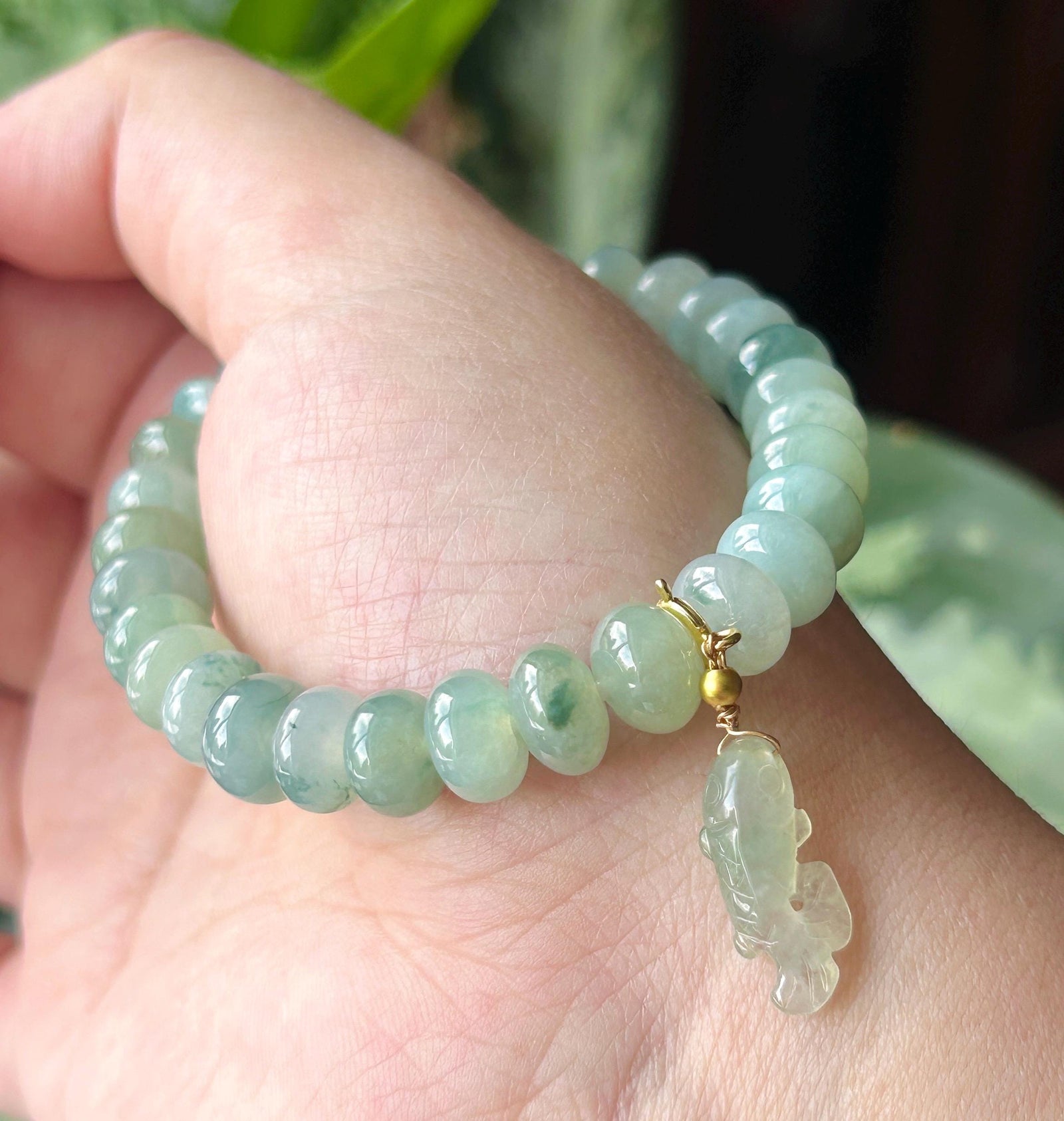 Natural Jadeite Beaded Bracelet – Burmese Type A Highly Translucent Icy Blue & Green Floral Jade, 9mm