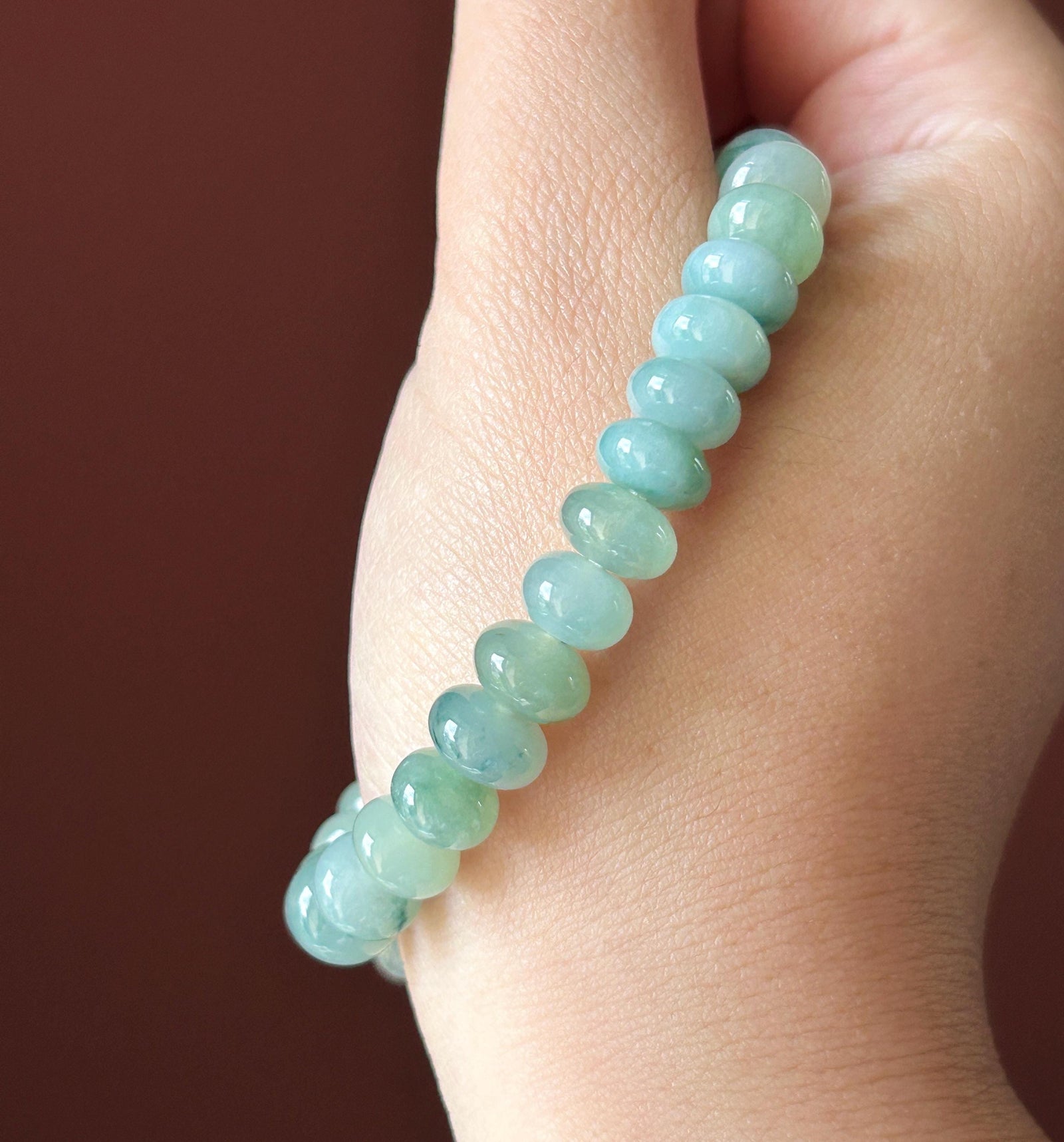 Natural Jadeite Beaded Bracelet – Burmese Type A Highly Translucent Icy Blue & Green Floral Jade, 9mm