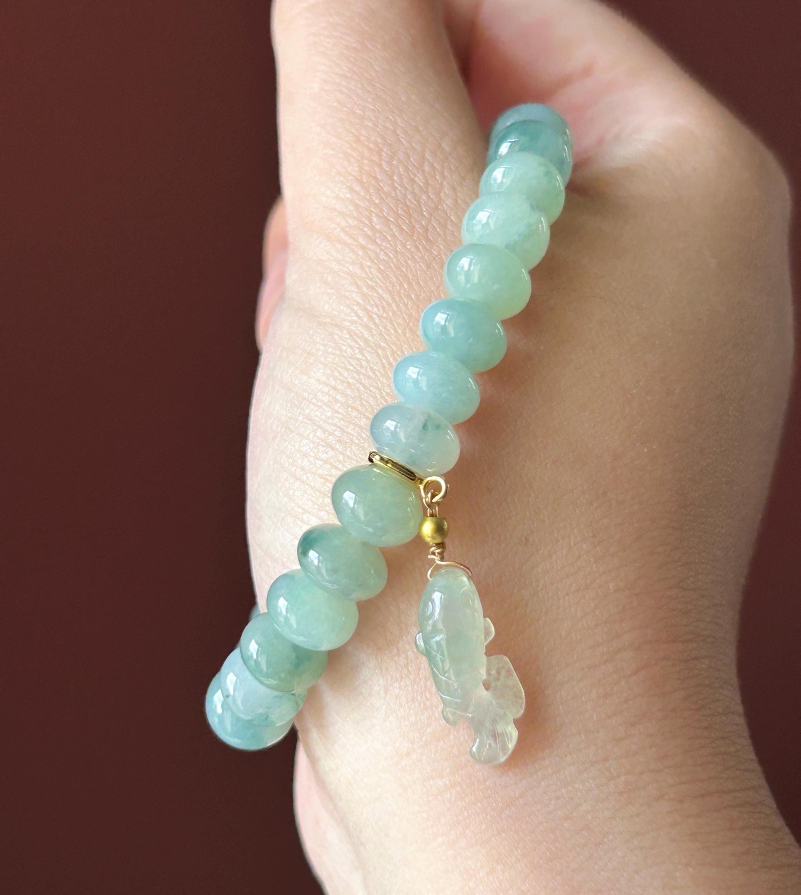 Natural Jadeite Beaded Bracelet – Burmese Type A Highly Translucent Icy Blue & Green Floral Jade, 9mm