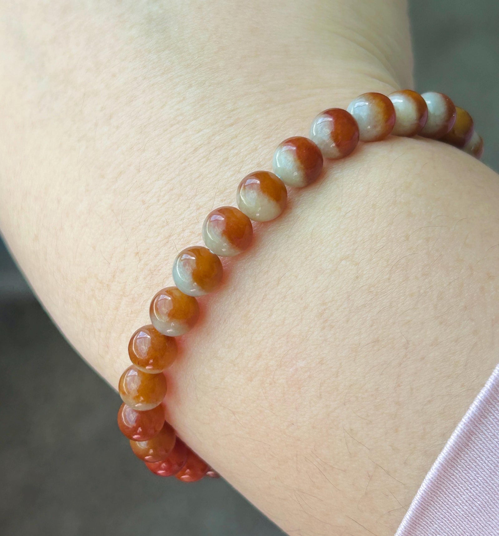Certified Natural Jadeite Beaded Bracelet – Burmese Type A Unheated Rare Icy Two-Tone-Red Jade, 6.7mm, Minimalist Jewelry