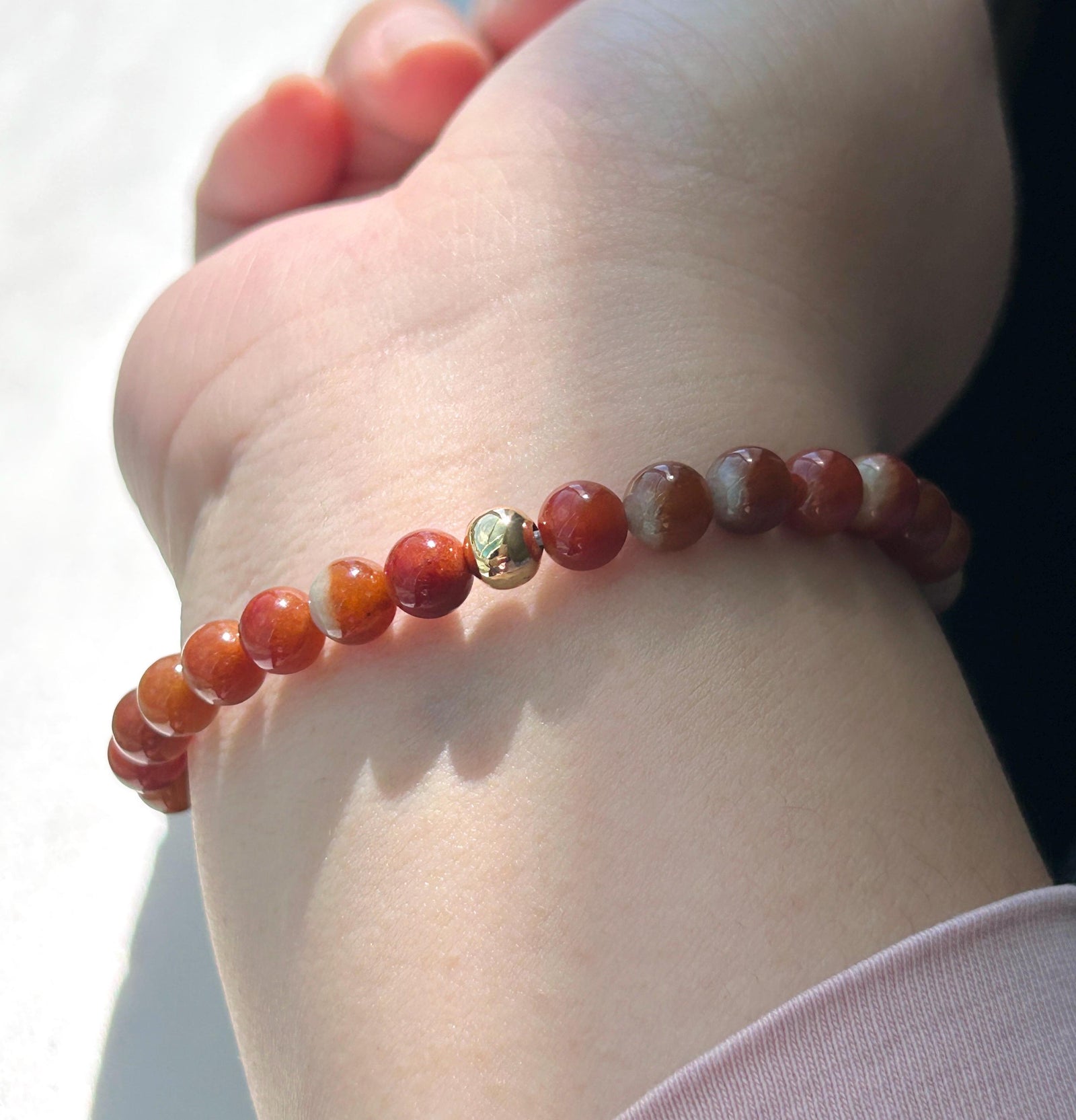 Certified Natural Jadeite Beaded Bracelet – Burmese Type A Unheated Rare Icy Two-Tone-Red Jade, 6.7mm, Minimalist Jewelry