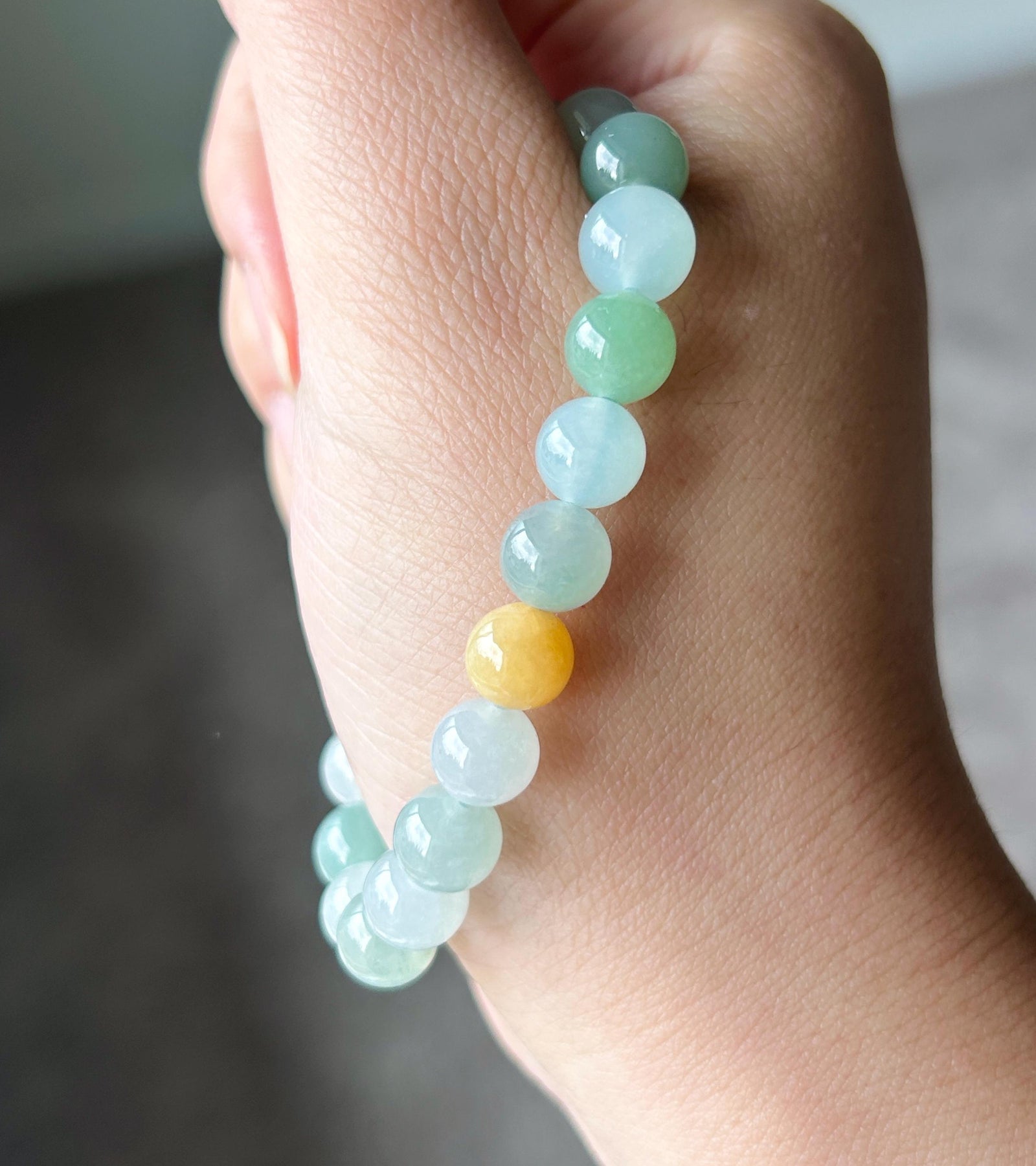 Natural Jadeite Bracelet, Burmese Type A Icy Translucent Multicolor Jade Beads, 8.3mm Duobao Bracelet