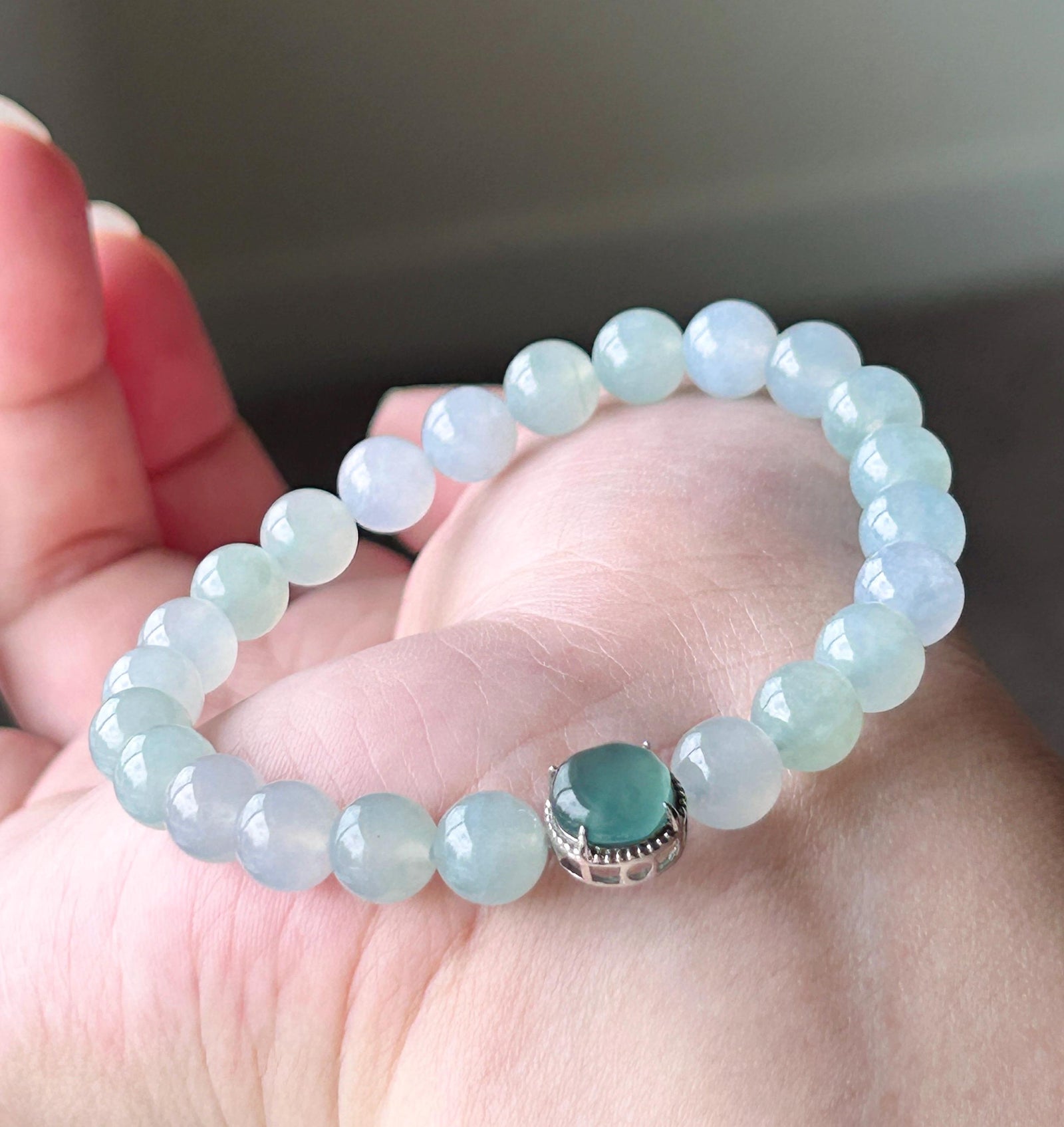 Natural Jadeite Beaded Bracelet Burmese Type A Highly Translucent Icy Gelatinous Pastel Green & Lavender Blue Jade 7.6mm