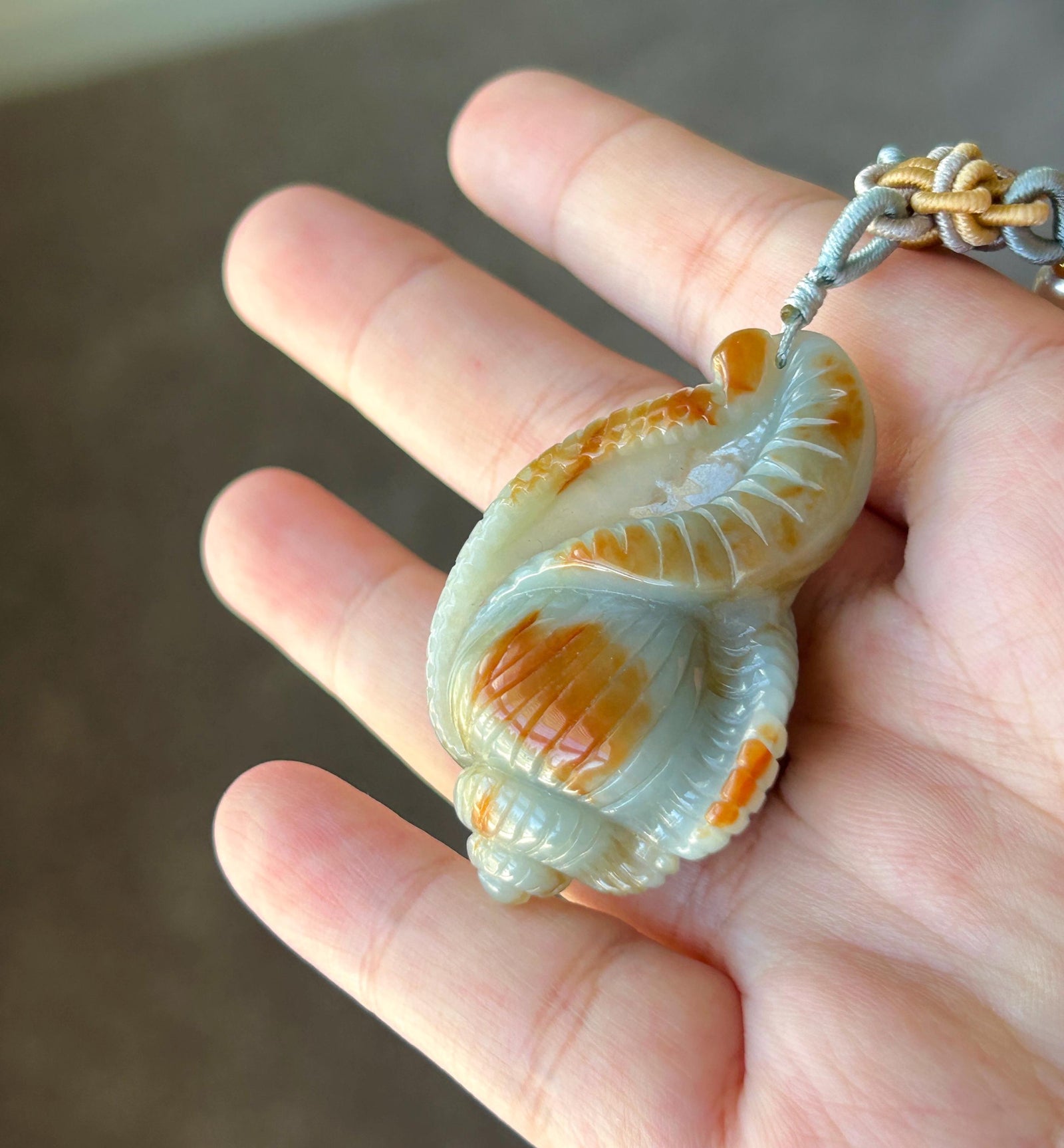 Natural Jadeite Sea Shell Pendant Burmese Type A Icy Glutinous Grayish Blue Red Floral Jade, Handwoven Adjustable Cord