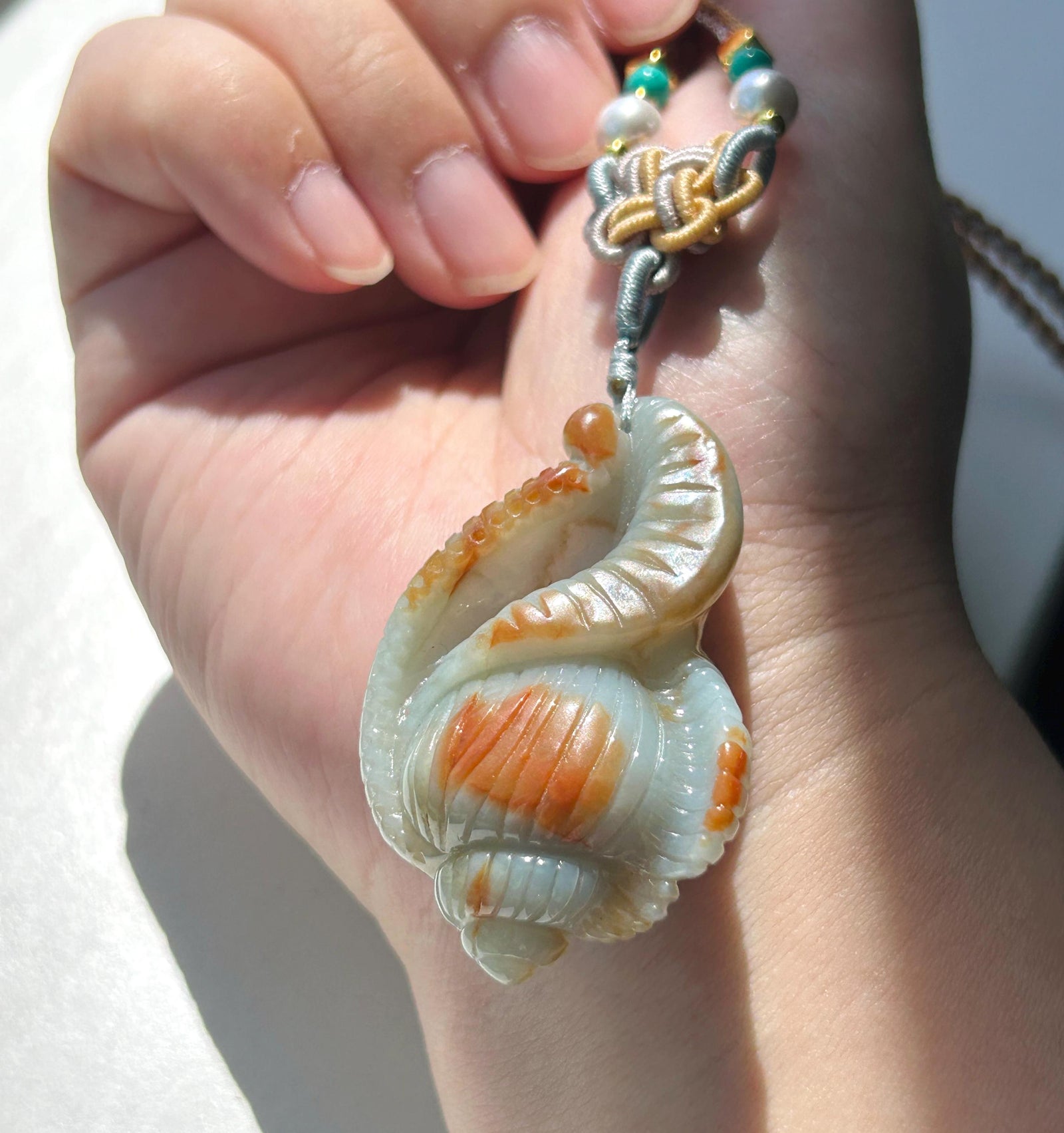 Natural Jadeite Sea Shell Pendant Burmese Type A Icy Glutinous Grayish Blue Red Floral Jade, Handwoven Adjustable Cord