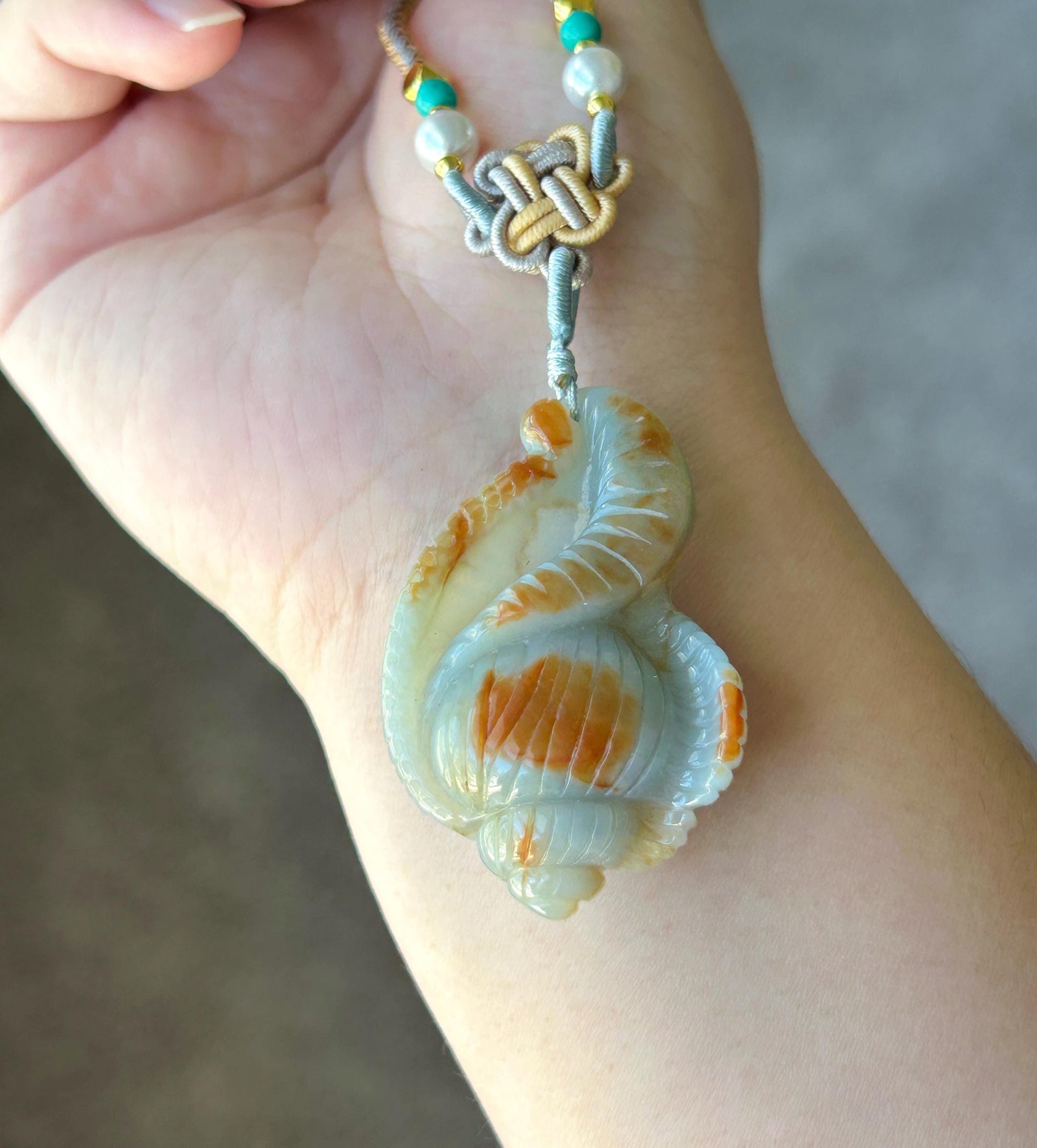 Natural Jadeite Sea Shell Pendant Burmese Type A Icy Glutinous Grayish Blue Red Floral Jade, Handwoven Adjustable Cord