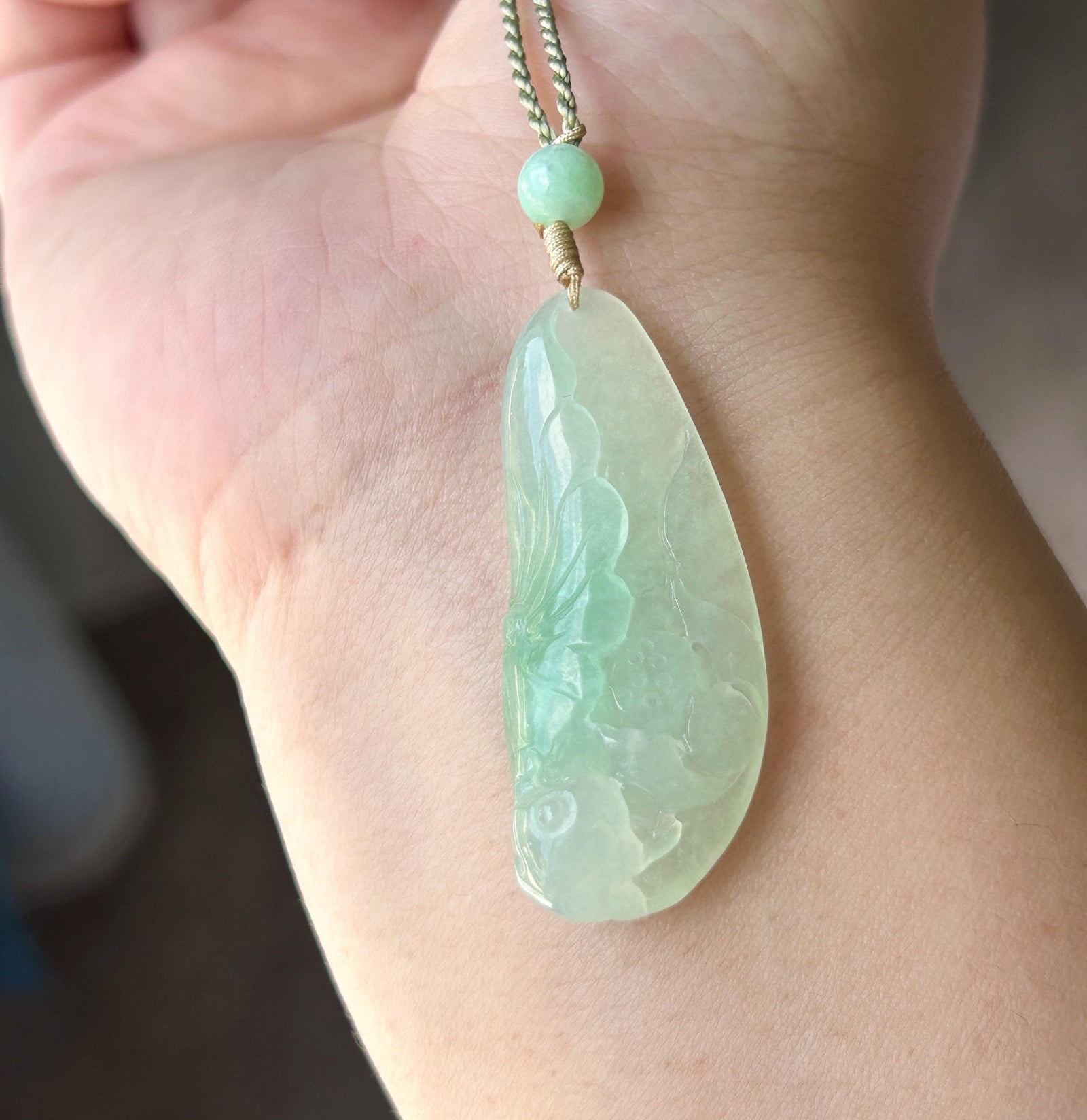 Certified Natural Jadeite Lotus Pendant Burmese Type A Translucent Icy Apple Green Jade, Handwoven Adjustable Cord