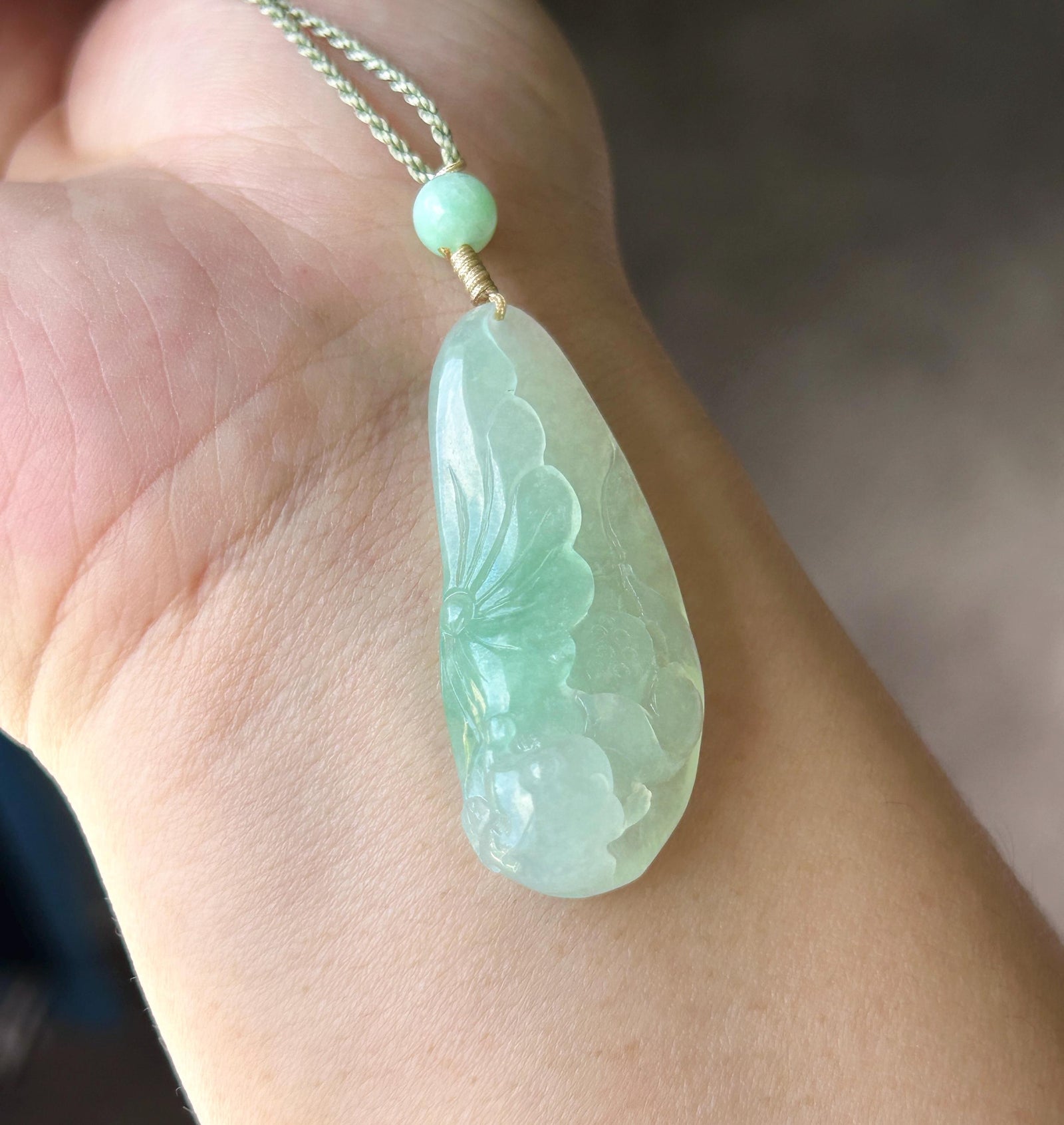 Certified Natural Jadeite Lotus Pendant Burmese Type A Translucent Icy Apple Green Jade, Handwoven Adjustable Cord