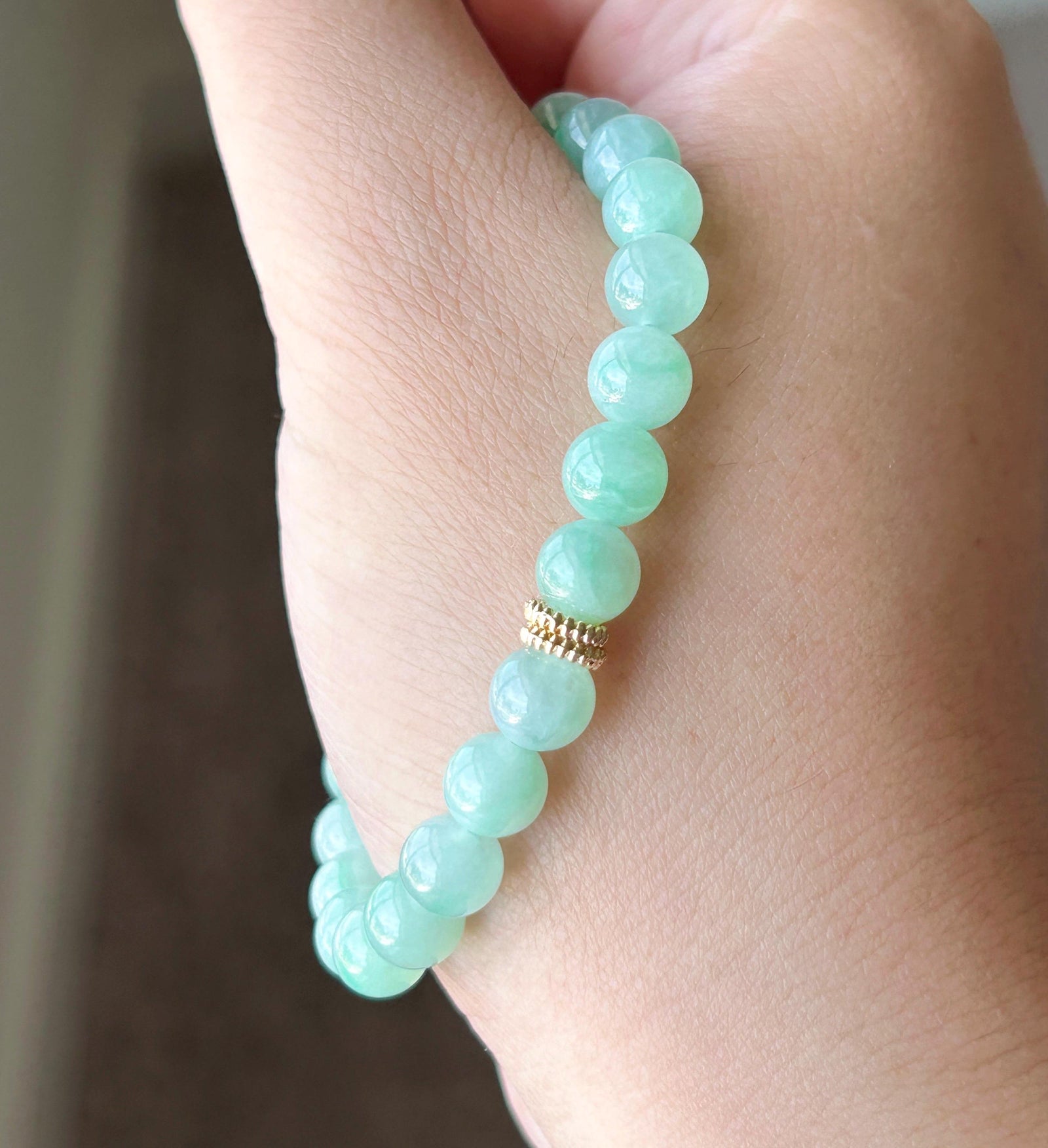 Natural Jadeite Bracelet, Burmese Type A Icy Translucent Apple Green with Vivid-Green Floral Jade Beads, 7mm, Minimalist Jewelry