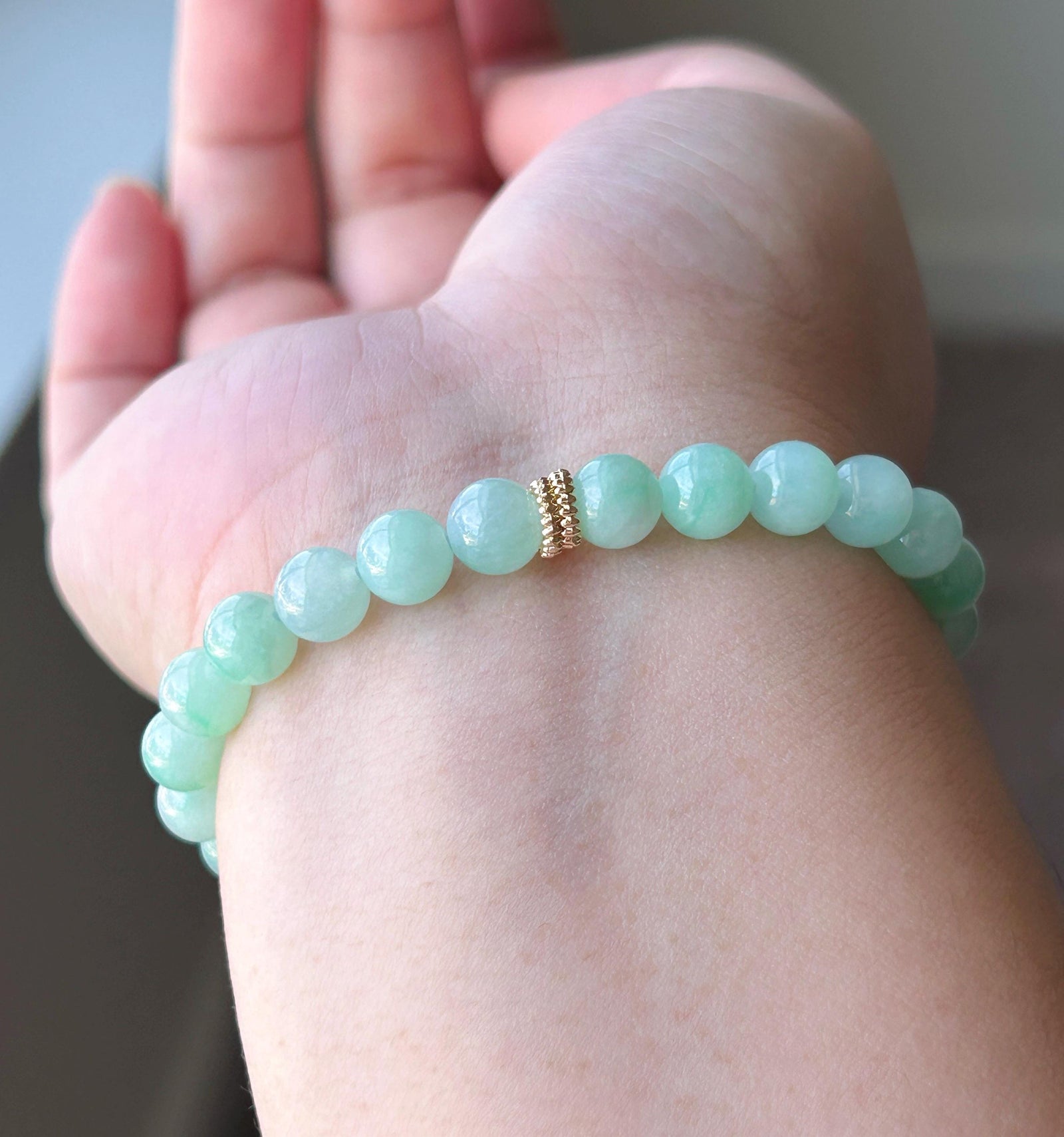 Natural Jadeite Bracelet, Burmese Type A Icy Translucent Apple Green with Vivid-Green Floral Jade Beads, 7mm, Minimalist Jewelry