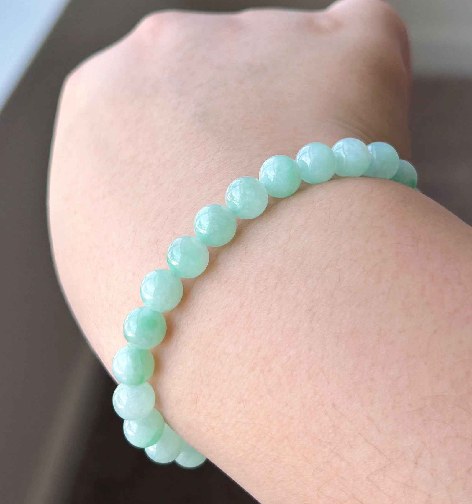 Natural Jadeite Bracelet, Burmese Type A Icy Translucent Apple Green with Vivid-Green Floral Jade Beads, 7mm, Minimalist Jewelry