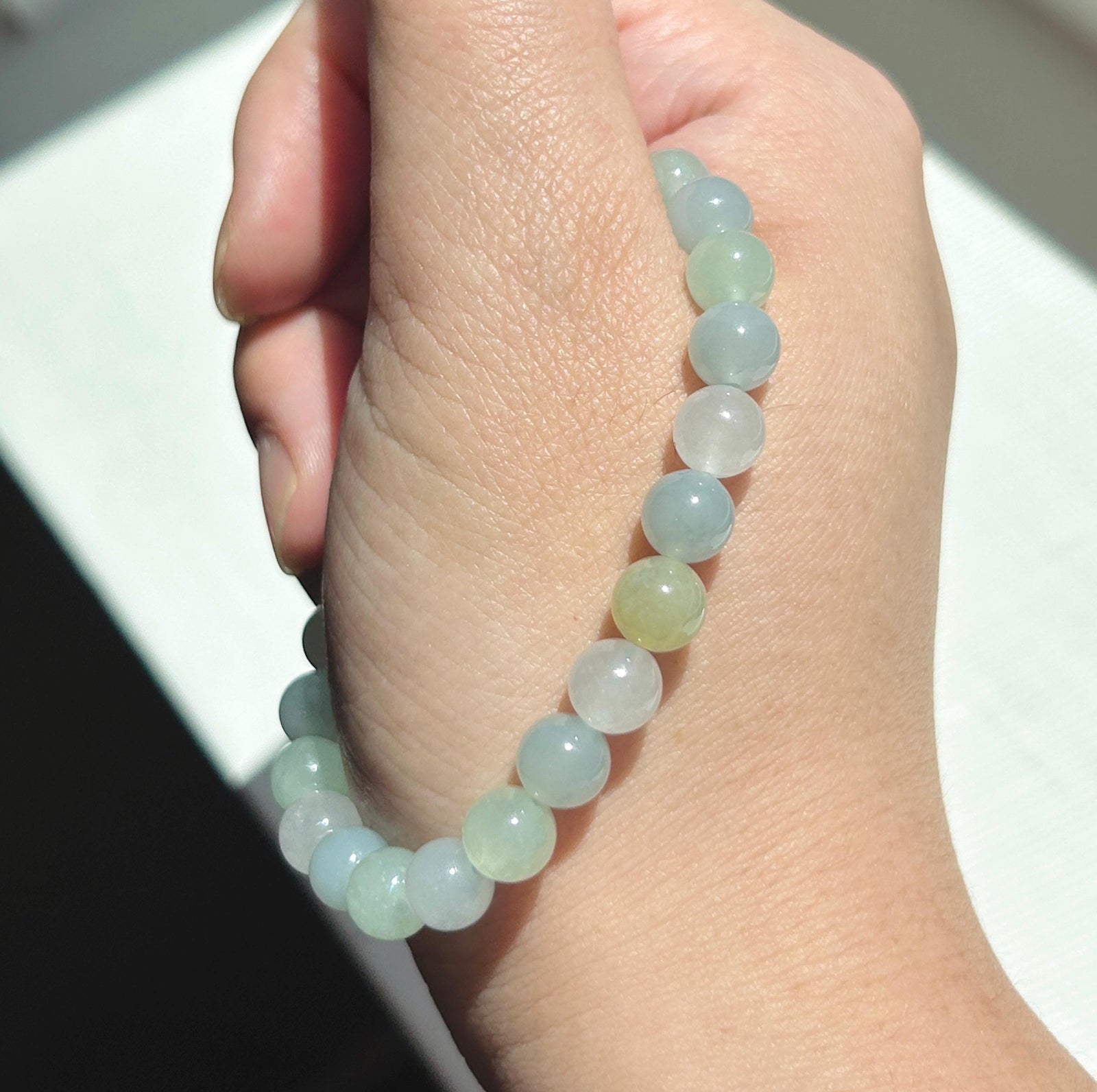 Natural Jadeite Bracelet, Burmese Type A Highly Translucent Icy Macaron Multicolor - Green, Blue, Lavender, Yellow Jade Beads, 7mm